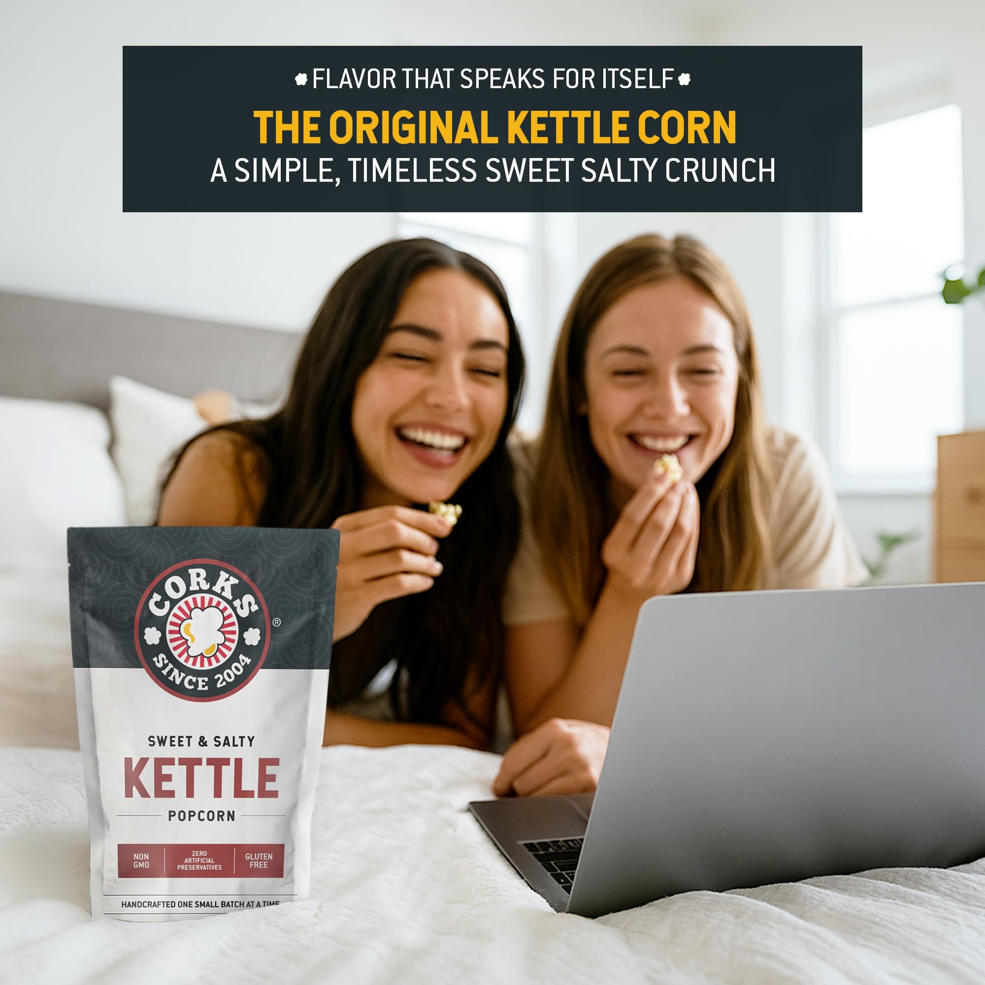 Corks Original Kettle Corn Popcorn Bags, 3oz - Sweet and Salty Gourmet Popcorn Coated with Fine Sugar & Salted to perfection, Gluten-Free, Classic