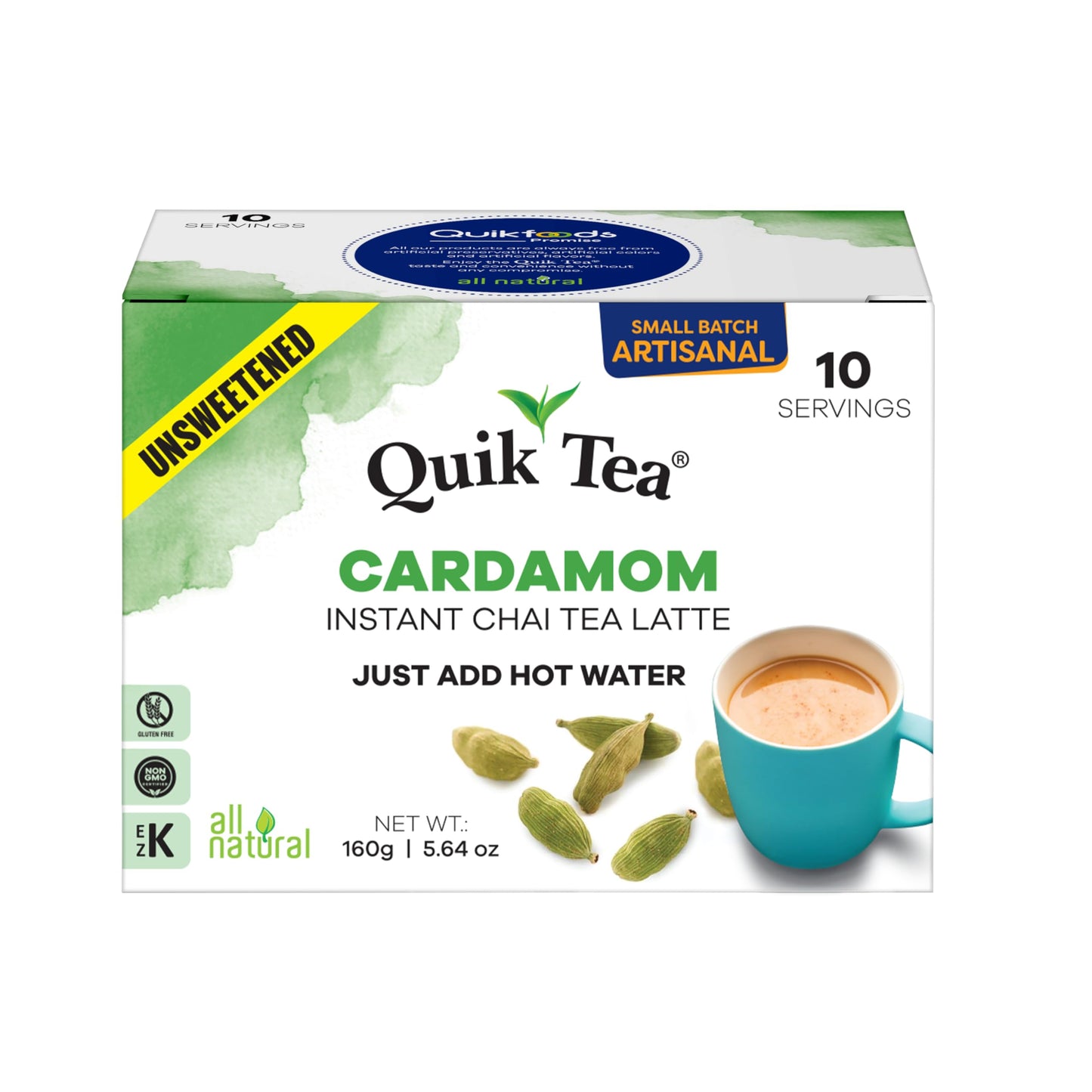 QuikTea Instant Cardamom Chai Tea Latte Unsweetened, 10 Single-Serve Sachets, Artisanal Indian Chai Latte Mix, Just Add Hot Water, Low Caffeine