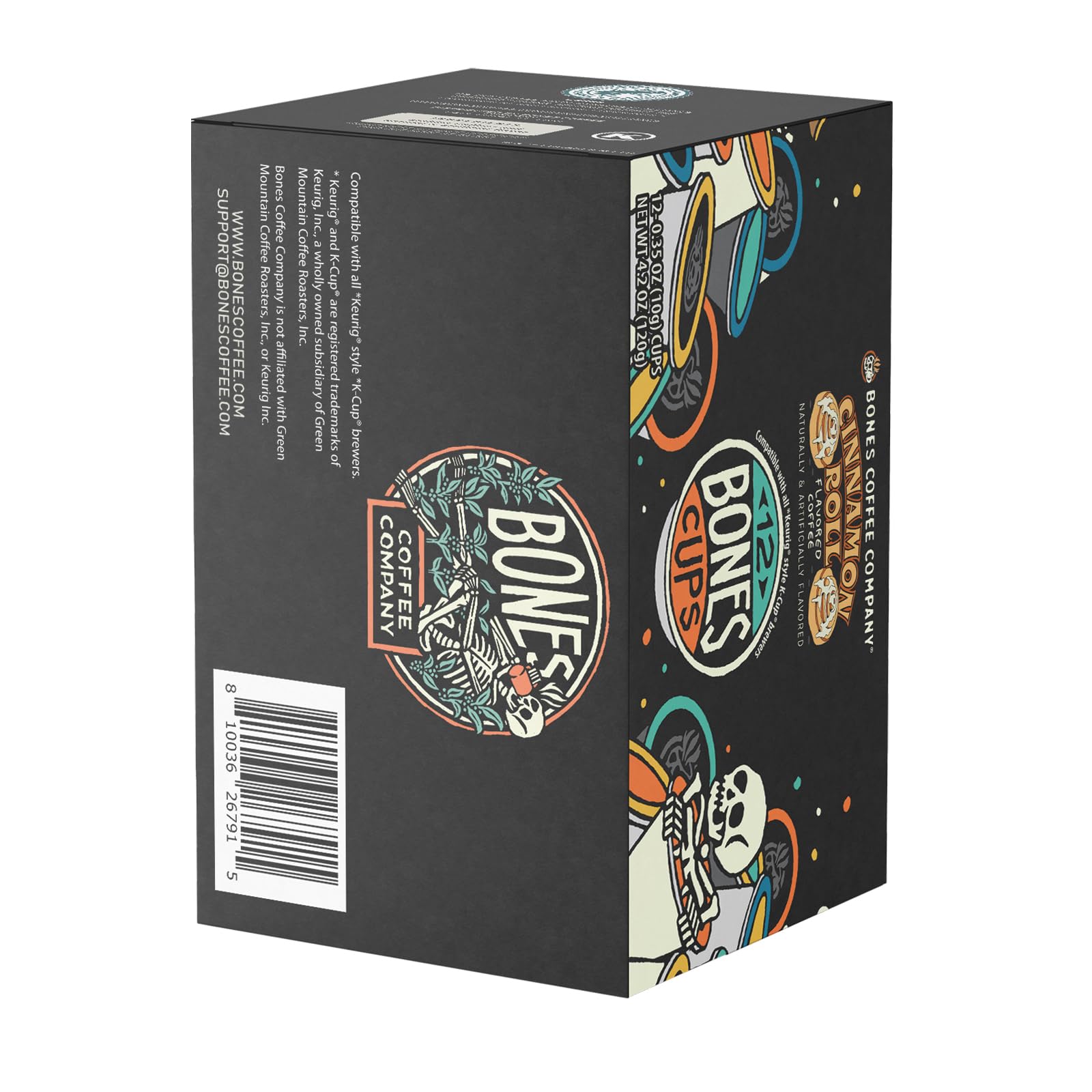 Bones Coffee Company Cinnamon Roll Flavored Coffee Pods, Low Acid Medium Roast Single-Serve Bones Cups, Compatible with 1.0 & 2.0 K-Cups Brewers
