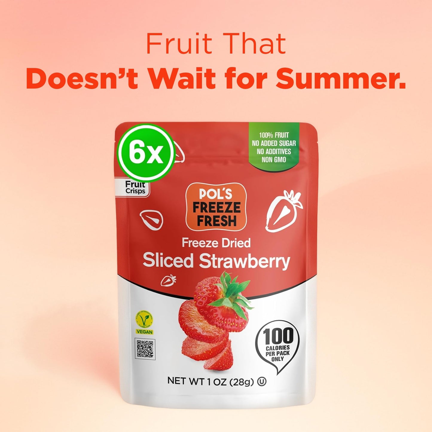 Pol’s Freeze Fresh - 6 Pack Sliced Freeze-Dried Strawberries (1 Oz Each) - No Added Sugar, Non-GMO, Vegan, Gluten-Free Single-Serve Snack Packs