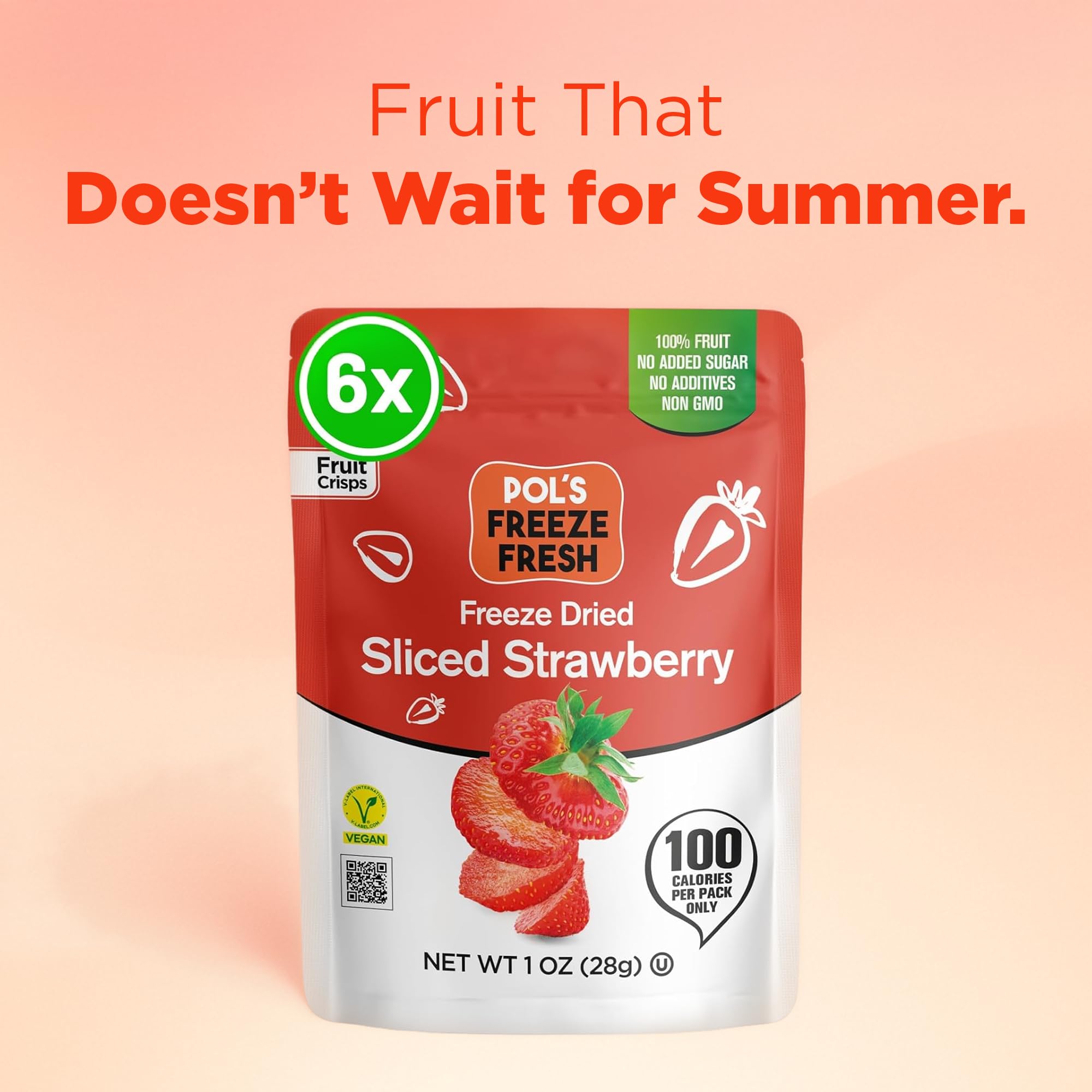 Pol’s Freeze Fresh - 6 Pack Sliced Freeze-Dried Strawberries (1 Oz Each) - No Added Sugar, Non-GMO, Vegan, Gluten-Free Single-Serve Snack Packs