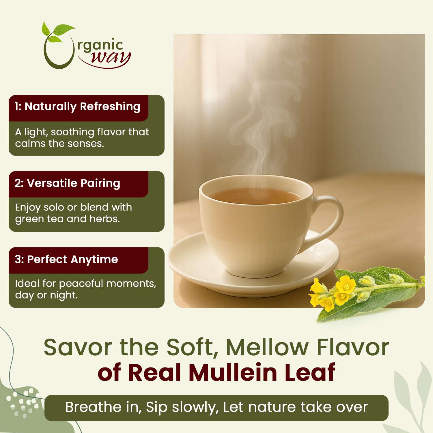 Organic Way Mullein Leaf | Herbal Tea (Verbascum thapsus) Cut & Sifted - European Wild-Harvest | Organic & Kosher Certified | Non GMO & USDA Certified