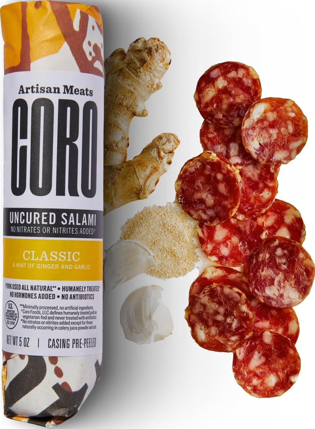 Coro Classic Uncured Artisan Salami Stick - 5oz | Garlic & Ginger