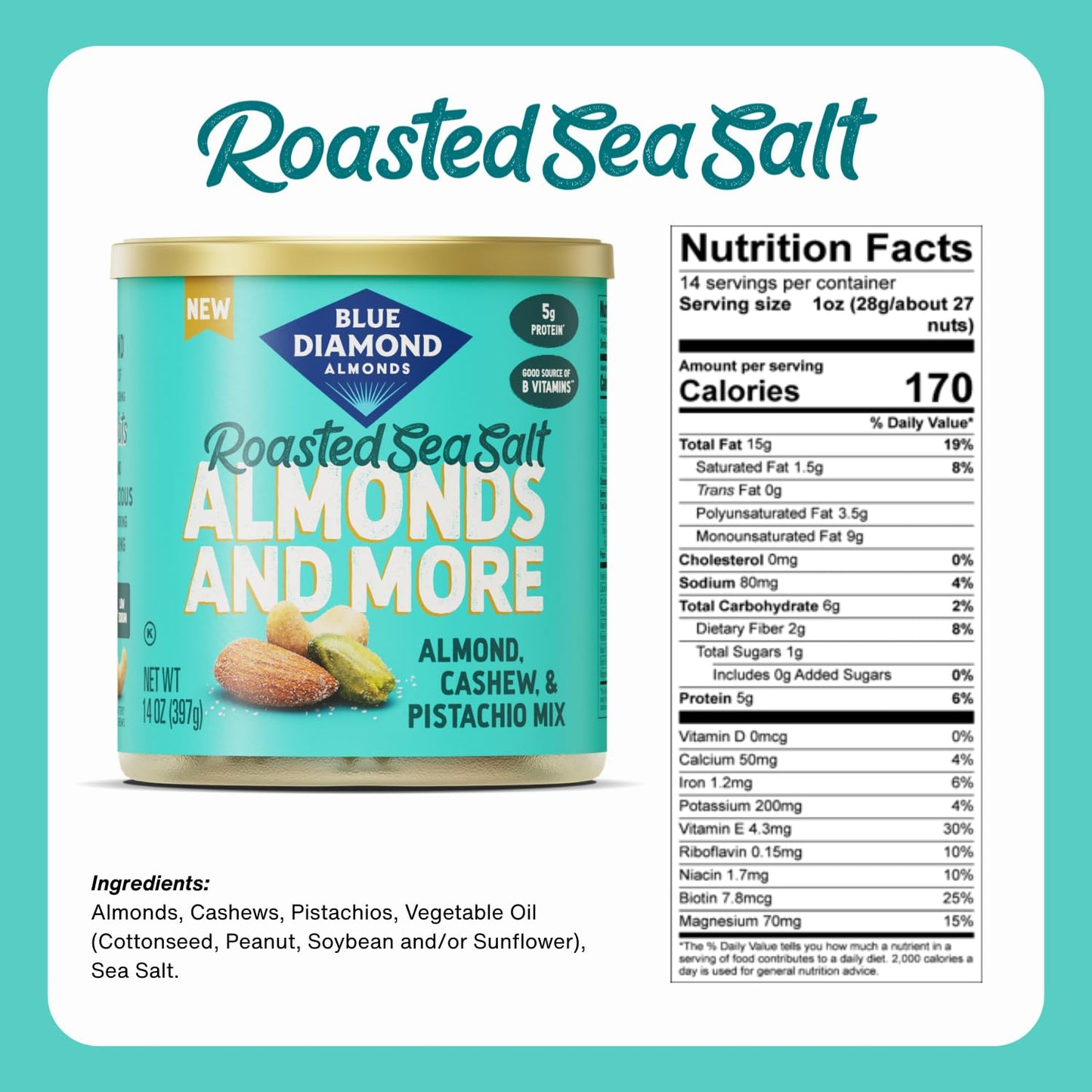 Blue Diamond Almonds, Mixed Nuts Roasted Sea Salt Deluxe Snack Nuts, Almonds, Pistachios, and Cashews, 14oz. Can (Pack of 1)