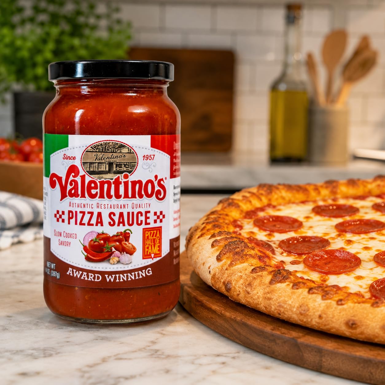 Valentino's Authentic Pizza Sauce 14 oz Glass Jar, Rich Tomato Base with Herbs and Spices, Smooth Pizzeria Style Flavor, Versatile for Pizza, Pasta