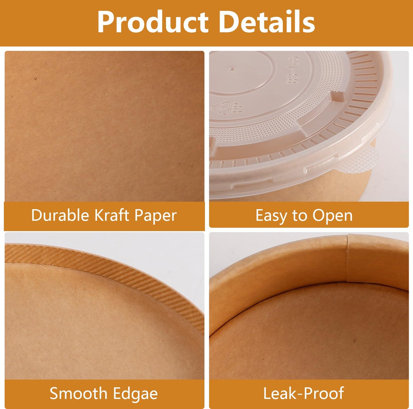 Bgtecho 50 Sets Large Kraft Paper Bowls with Lids (36oz) 50 pack Large Paper Bowls with Lids, 36 oz Kraft Paper Salad Bowls,Disposable Bowls