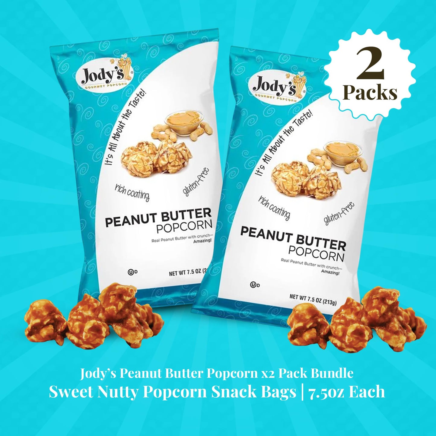 Jody’s Peanut Butter Popcorn 2-Pack Bundle | Gourmet Sweet & Nutty Snack Bags | 7.5oz Each | Crunchy Coated Kernels with Creamy Peanut Flavor |
