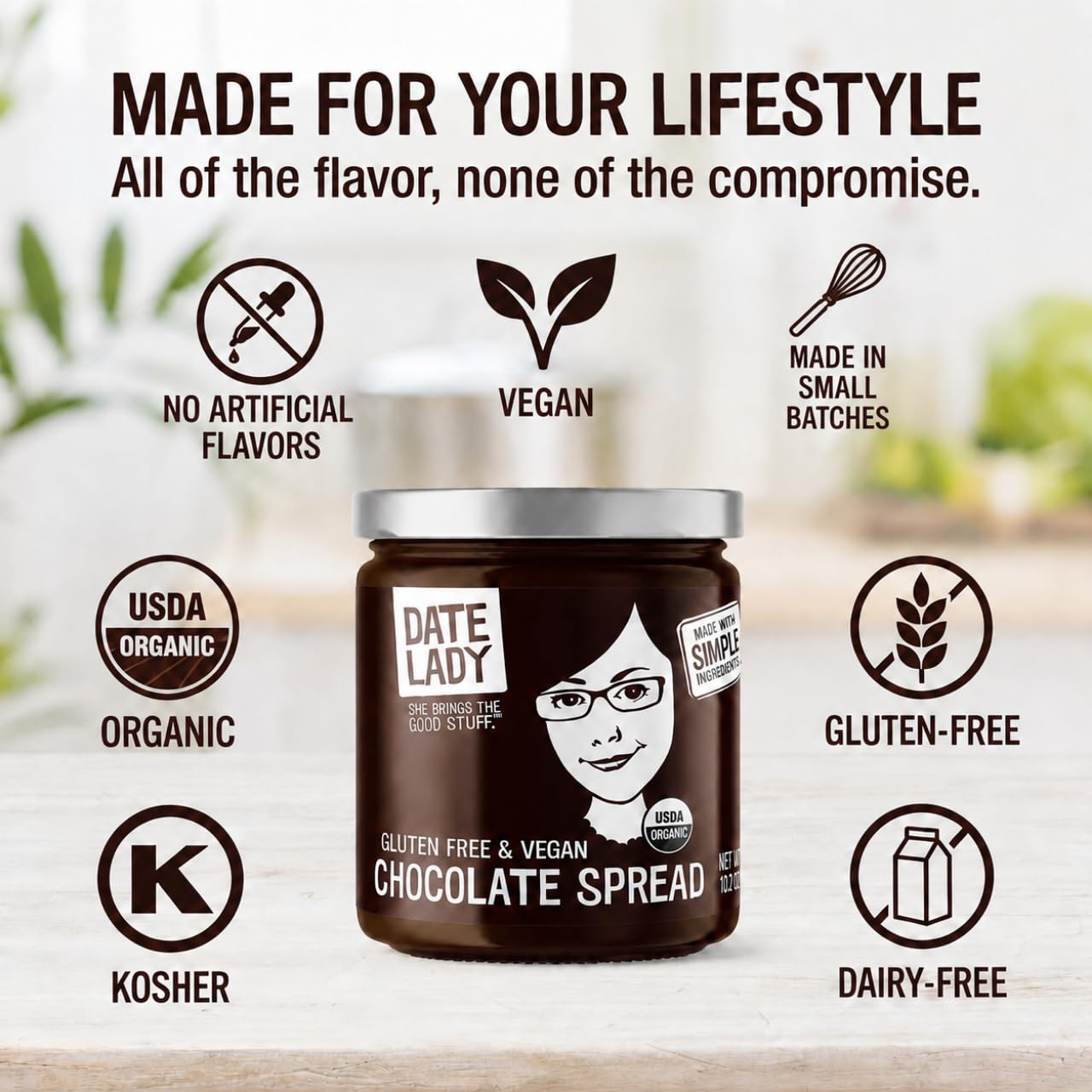 Date Lady Chocolate Date Spread | Organic, Vegan, Paleo, Gluten Free & Kosher, No Added Sugar, No Preservatives (1 Jar) Cocoa Spread Perfect