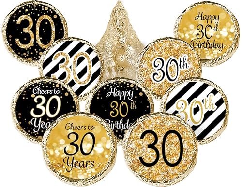 Black and Gold 30th Birthday Party Favor Chocolate Kisses Candy Stickers - 0.75 in. Round - 180 Labels