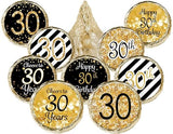Black and Gold 30th Birthday Party Favor Chocolate Kisses Candy Stickers - 0.75 in. Round - 180 Labels