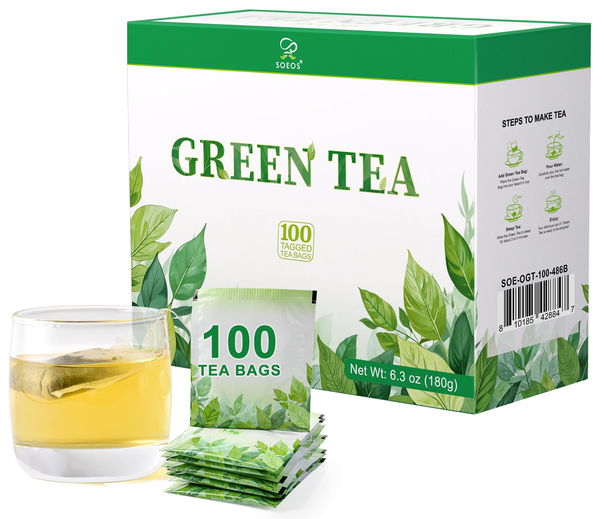 Soeos Green Tea, 6.3 oz (180g), 100 Tea Bags, Refreshing and Fragrant, Sustainably Sourced, Ideal for Hot or Iced Tea, Long-Lasting Freshness