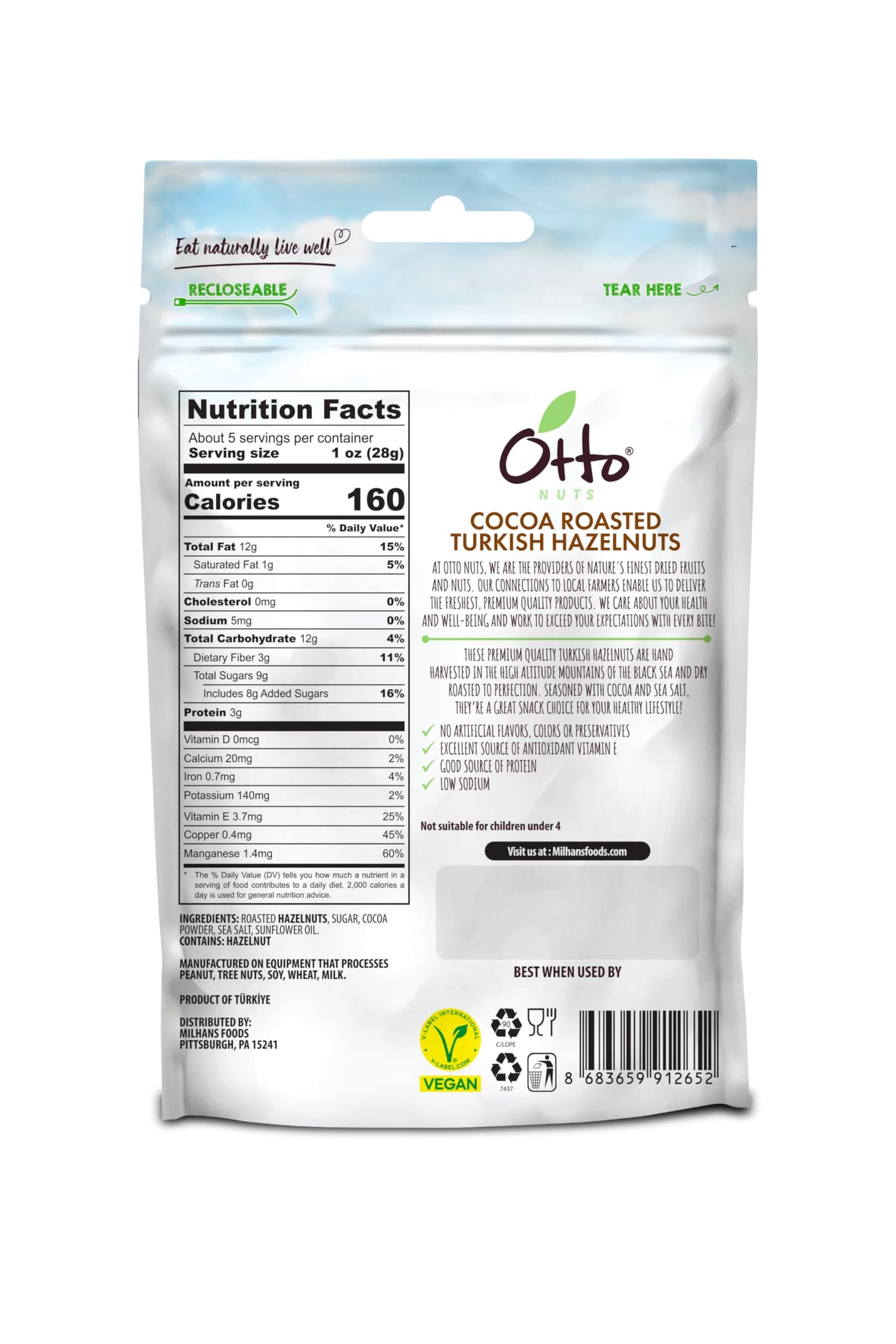Otto Nuts - Cocoa Roasted Turkish Hazelnuts, Non-GMO Naturally Vegan Snack, Good Source of Protein | 5 OZ with Resealable Bag