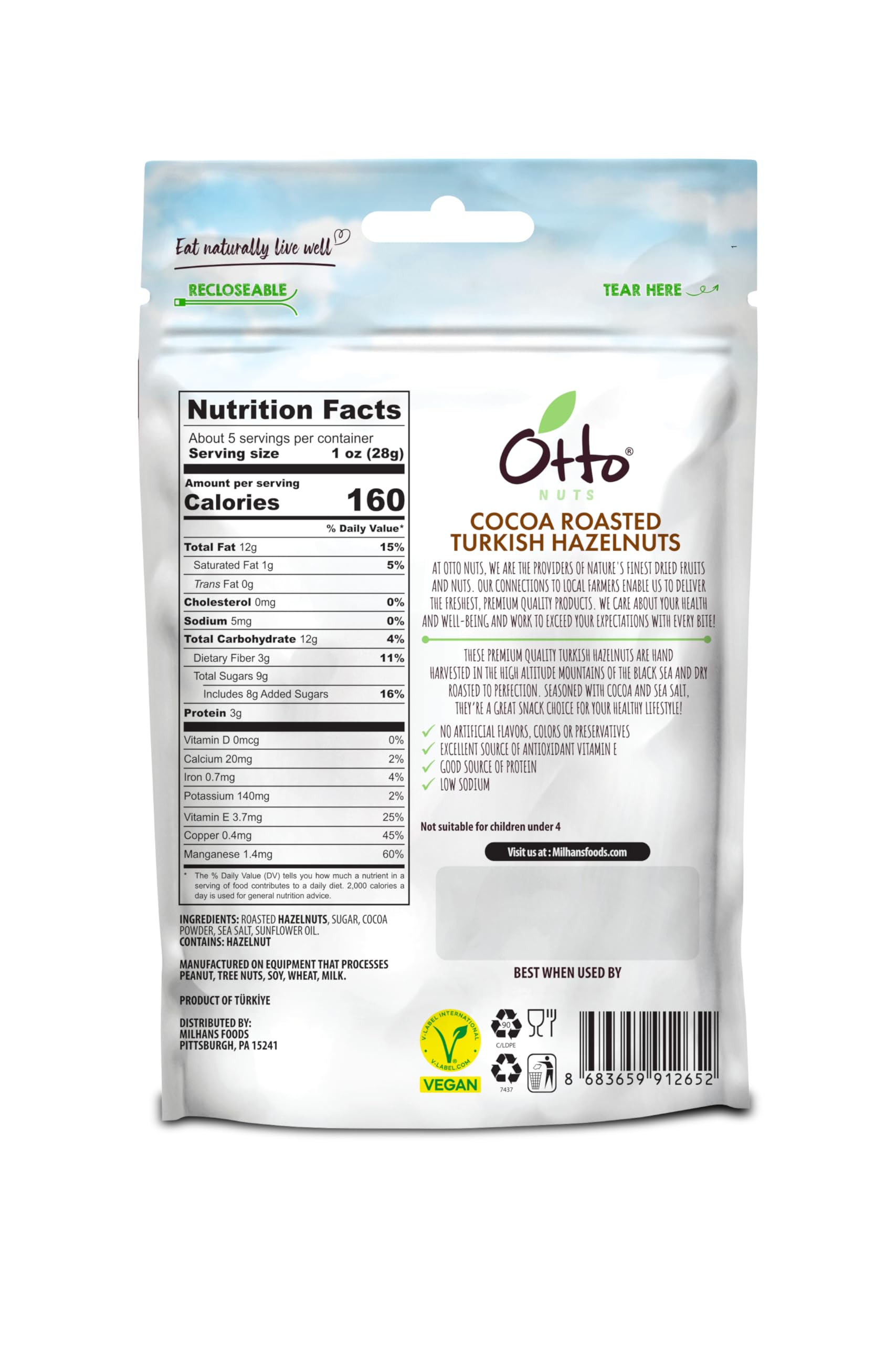Otto Nuts - Cocoa Roasted Turkish Hazelnuts, Non-GMO Naturally Vegan Snack, Good Source of Protein | 5 OZ with Resealable Bag