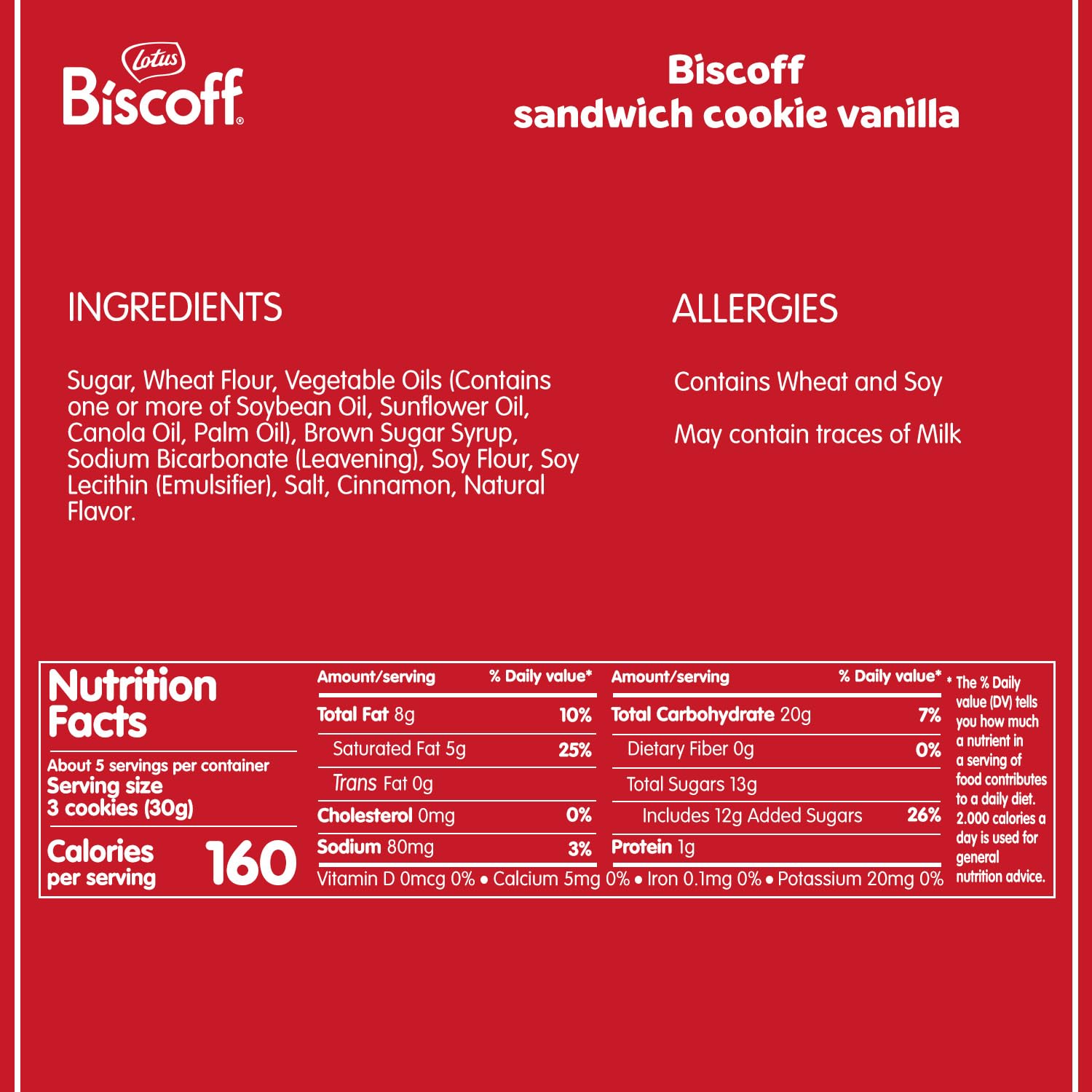 Lotus Biscoff Sandwich Cookies, Vanilla, 22 Cookies per pack, 7.76 Ounce