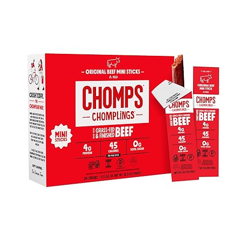 Chomps Snack Size Grass-Fed Original Beef Jerky Snack Sticks 0.5oz 24-Pack - Keto, Paleo, Whole30, 4g Lean Meat Protein, Gluten-Free, Zero Sugar Food