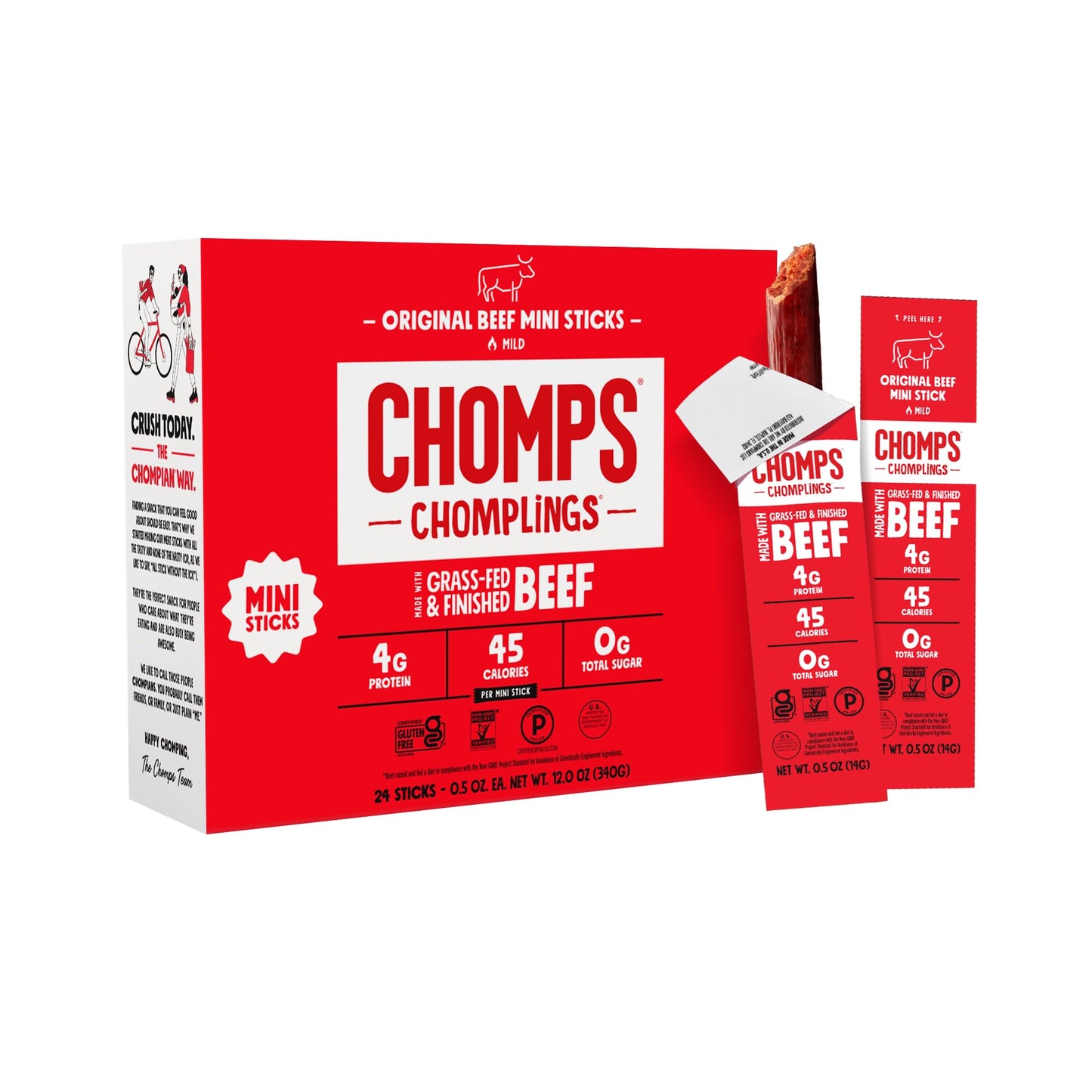 Chomps Snack Size Grass-Fed Original Beef Jerky Snack Sticks 0.5oz 24-Pack - Keto, Paleo, Whole30, 4g Lean Meat Protein, Gluten-Free, Zero Sugar Food