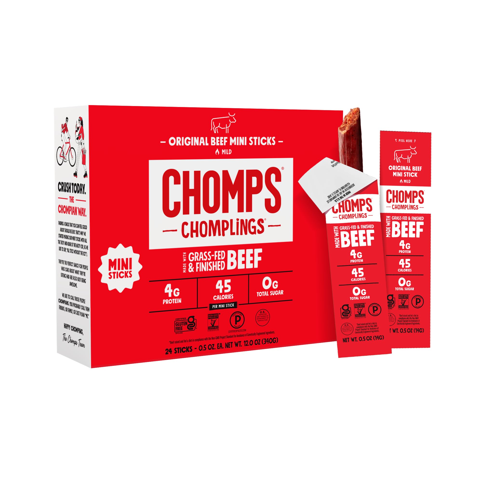 Chomps Snack Size Grass-Fed Original Beef Jerky Snack Sticks 0.5oz 24-Pack - Keto, Paleo, Whole30, 4g Lean Meat Protein, Gluten-Free, Zero Sugar Food