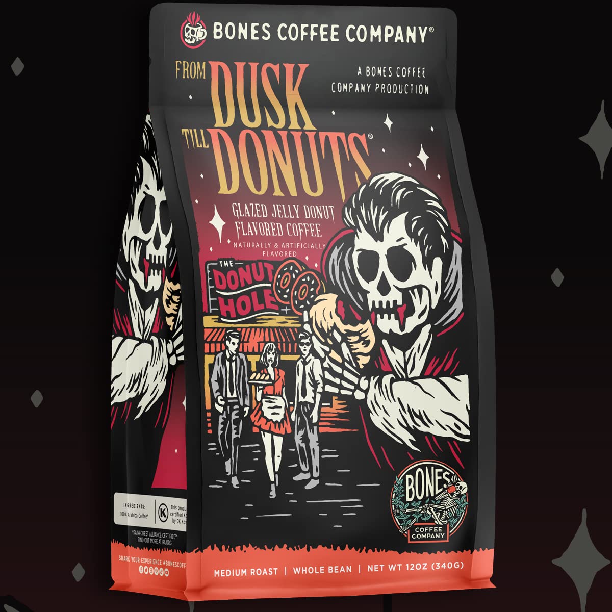 Bones Coffee Company From Dusk Till Donuts Jelly Donuts Flavored Coffee, Medium Roast Low Acid Arabica Beans Compatible with Auto drip and French