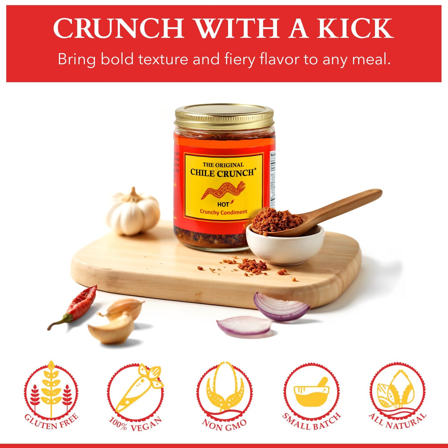 CHILE CRUNCH - Hot Spicy Crunchy Condiment - All Natural Roasted Chili Peppers, Garlic & Onion Crisp Sauce - Vegan, Gluten-Free, No Preservatives