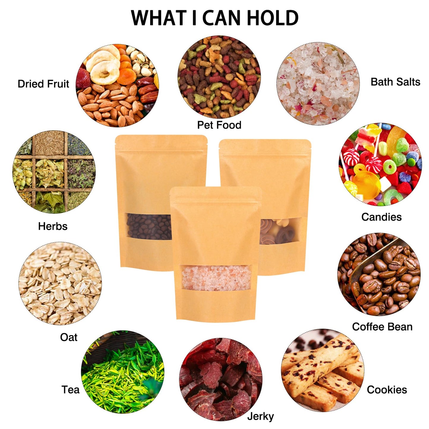 Moretoes 72pcs 5.9x8.6 Inches Kraft Paper Resealable Bags for Small Business, Stand Up Pouches, Food Packaging Bags with Window, Ziplock Coffee