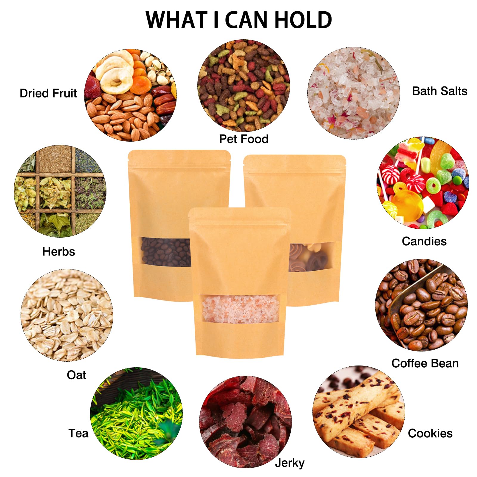 Moretoes 72pcs 5.9x8.6 Inches Kraft Paper Resealable Bags for Small Business, Stand Up Pouches, Food Packaging Bags with Window, Ziplock Coffee