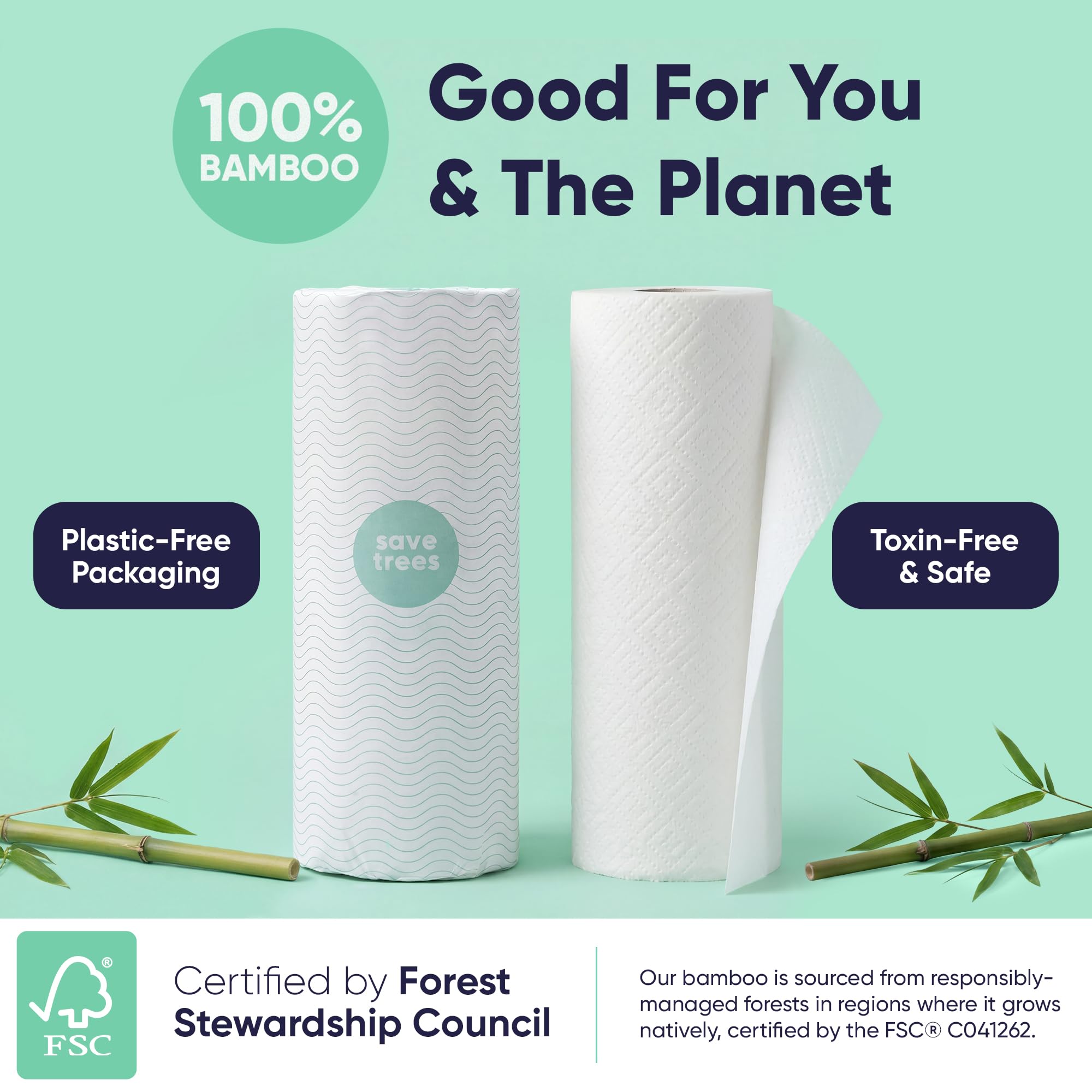 Save Trees Bamboo Paper Towels 24pk - 3600 Sheets Rolls Ultra Absorbent & Durable Eco-Friendly Paper Towels -FSC-Certified, Vegan