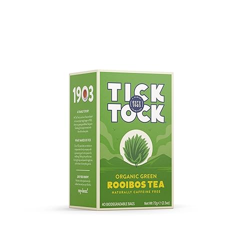 TICK TOCK TEAS Naturally Caffeine Free Red Bush Herbal Green Tea, 40 Count, Organic Rooibos Green Tea, 2.5 Oz