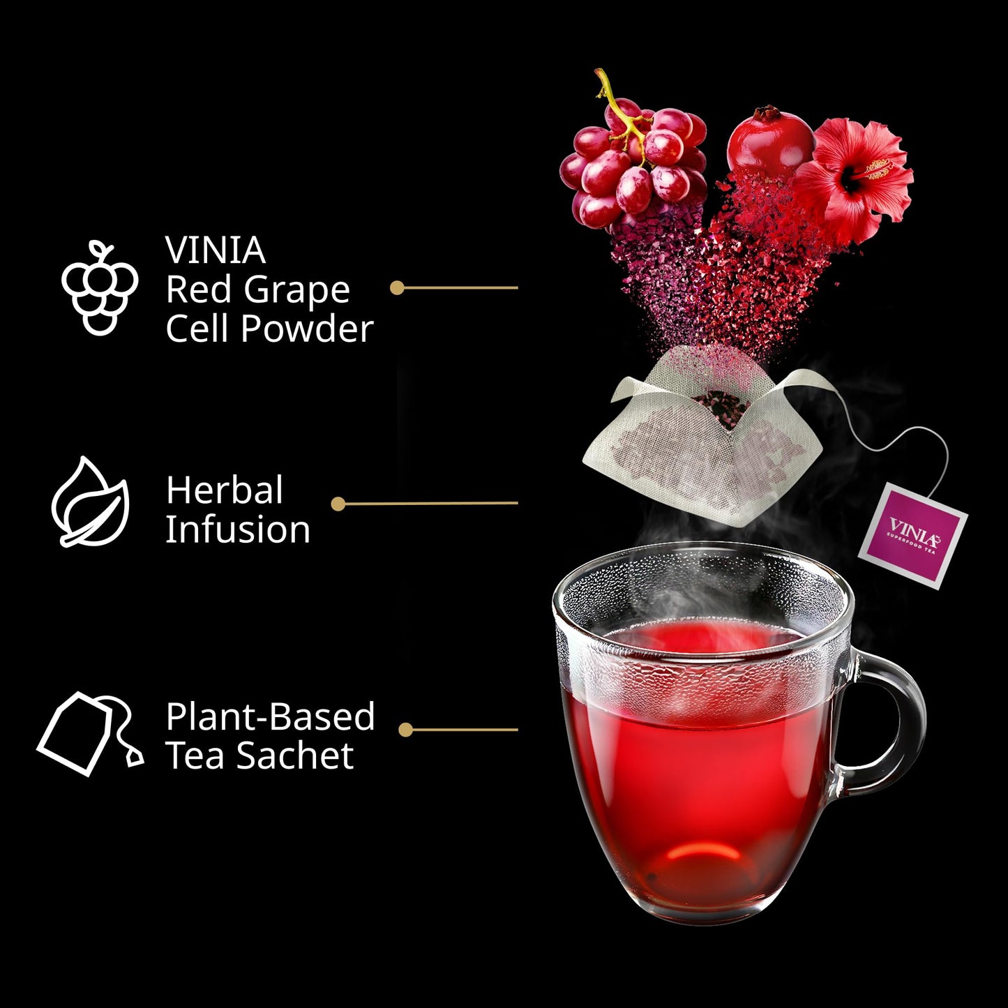 VINIA Cranberry Hibiscus Herbal Tea Bags, Made with Organic Herbal Tea, Infused with Piceid Resveratrol for Heart Health, Nitric Oxide, Physical