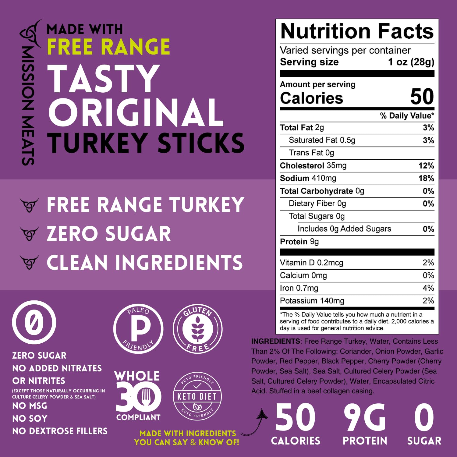 Mission Meats Turkey Sticks, 100% Free Range Turkey Jerky, Zero Sugar, Delicious Healthy Snacks, 9g Protein, Individually Wrapped, Gluten Free