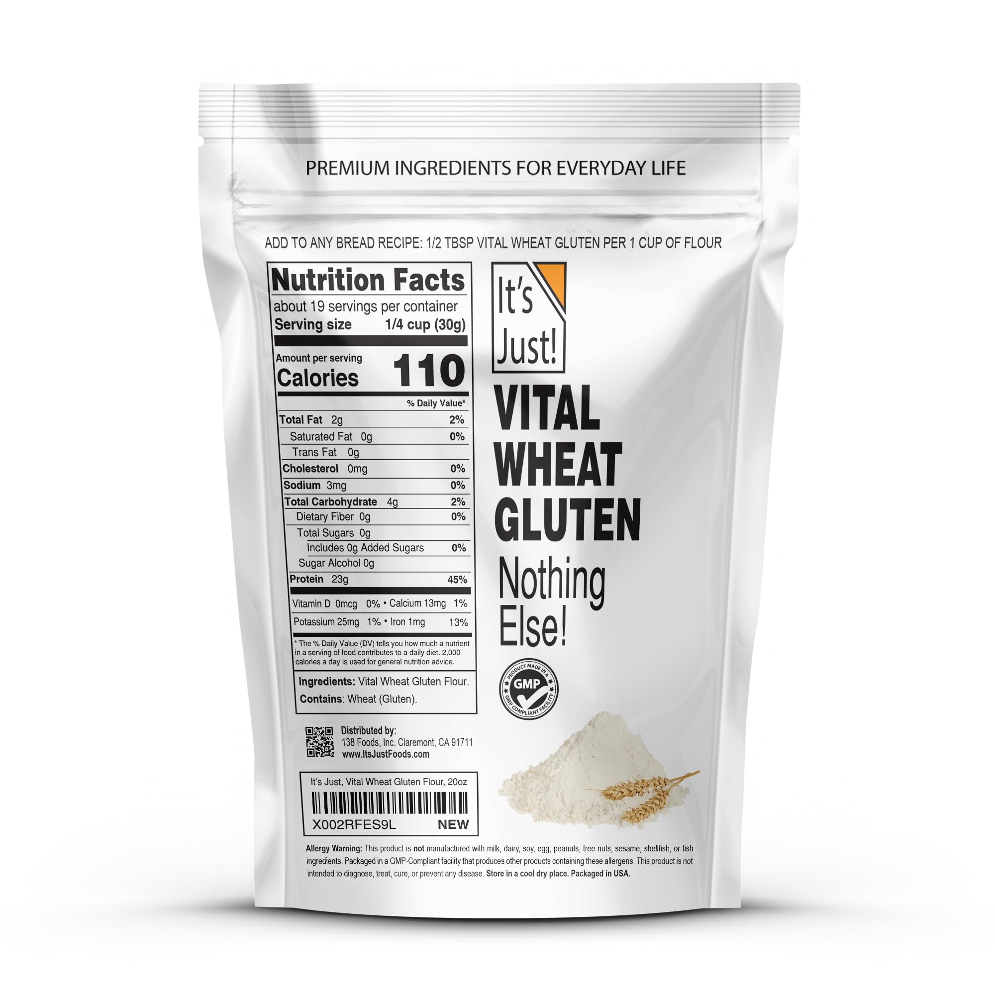 It's Just! Vital Wheat Gluten Flour - High Protein, Vegan, Low Carb, Keto Friendly - 20 oz