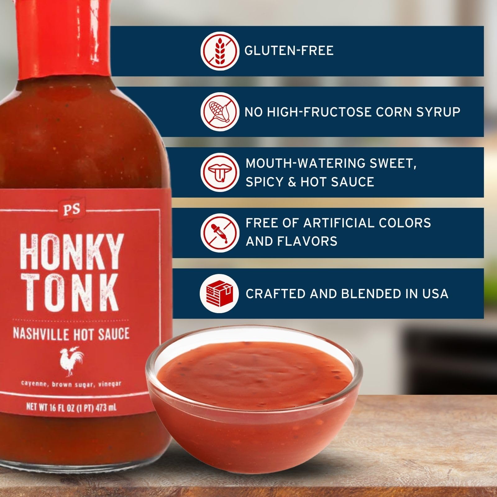 PS Seasoning Honky Tonk Nashville Hot Sauce - Spicy All-Purpose Sauce for Dipping, Basting, and Glazing - Sweet and Smoky Flavor, Great on Wings