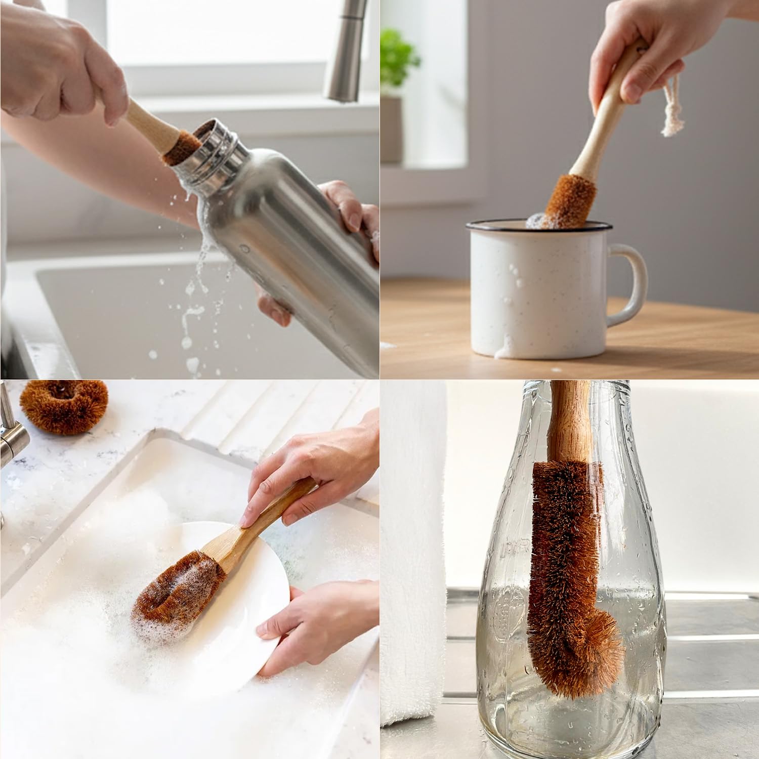 Eco-Friendly Kitchen Cleaning Brush (Twin Pack) - Wood Dish Brush with Coconut Fiber Bristles & Wooden Handle. Kitchen Brush for Bottles, Jars, Mugs