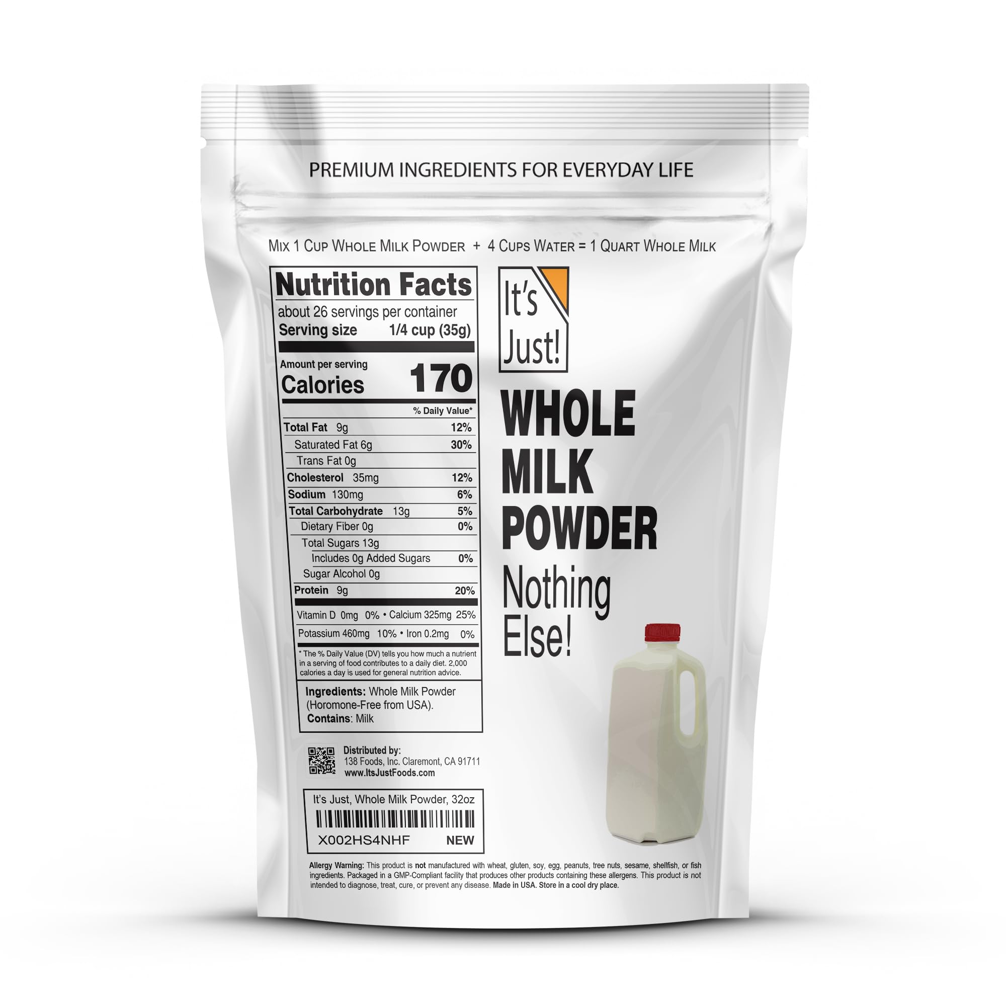 It's Just - Whole Milk Powder, 2lbs, rBST/rBGH Hormone Free, Shelf Stable, Just Add Water, Made in USA, Dry Milk Powder, 32oz