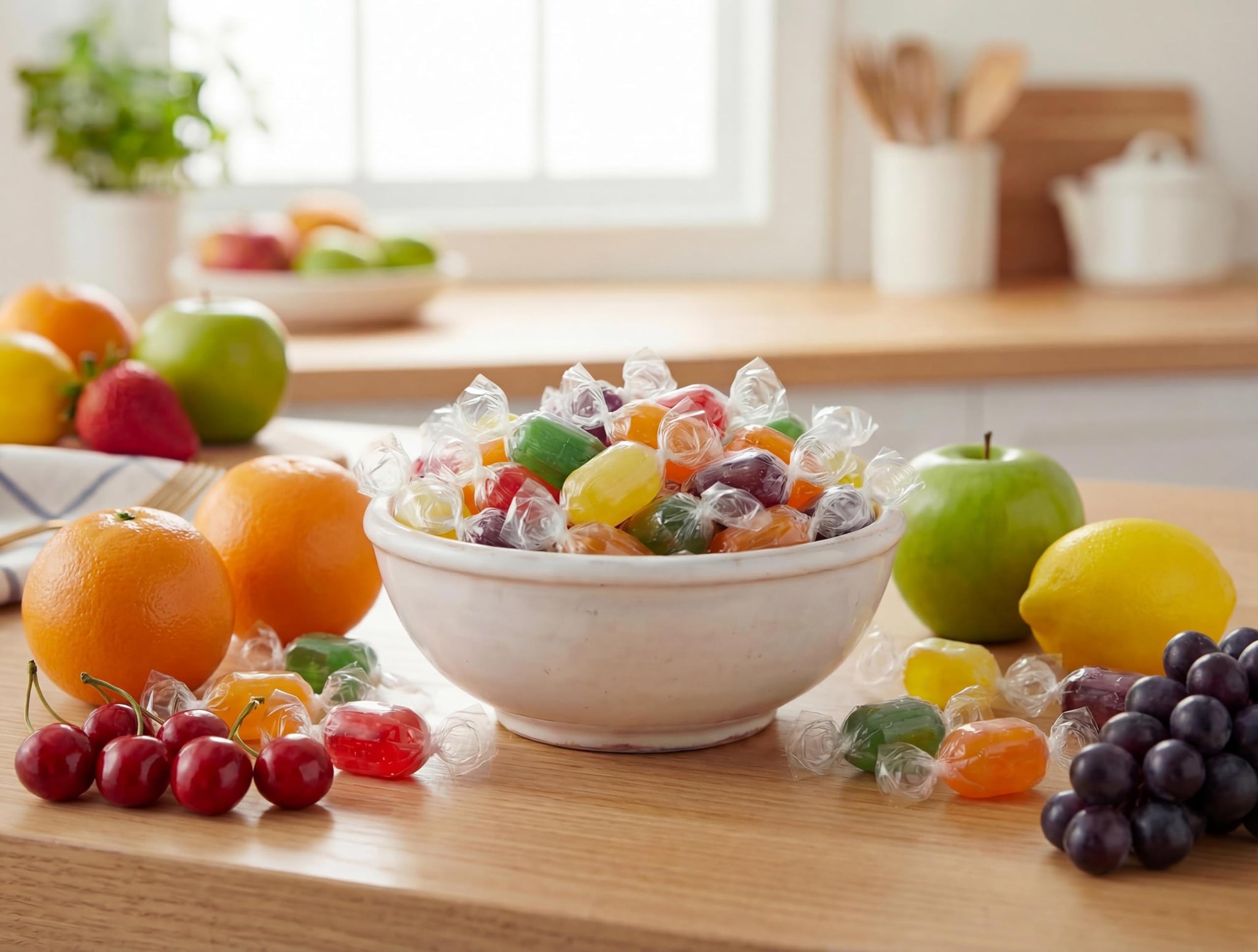 Assorted Hard Candy Fruit Barrels - 4 lbs Bulk Individually Wrapped Orange Cherry Apple Lemon Grape Fresh Sweet Individually Wrapped Classic Treats