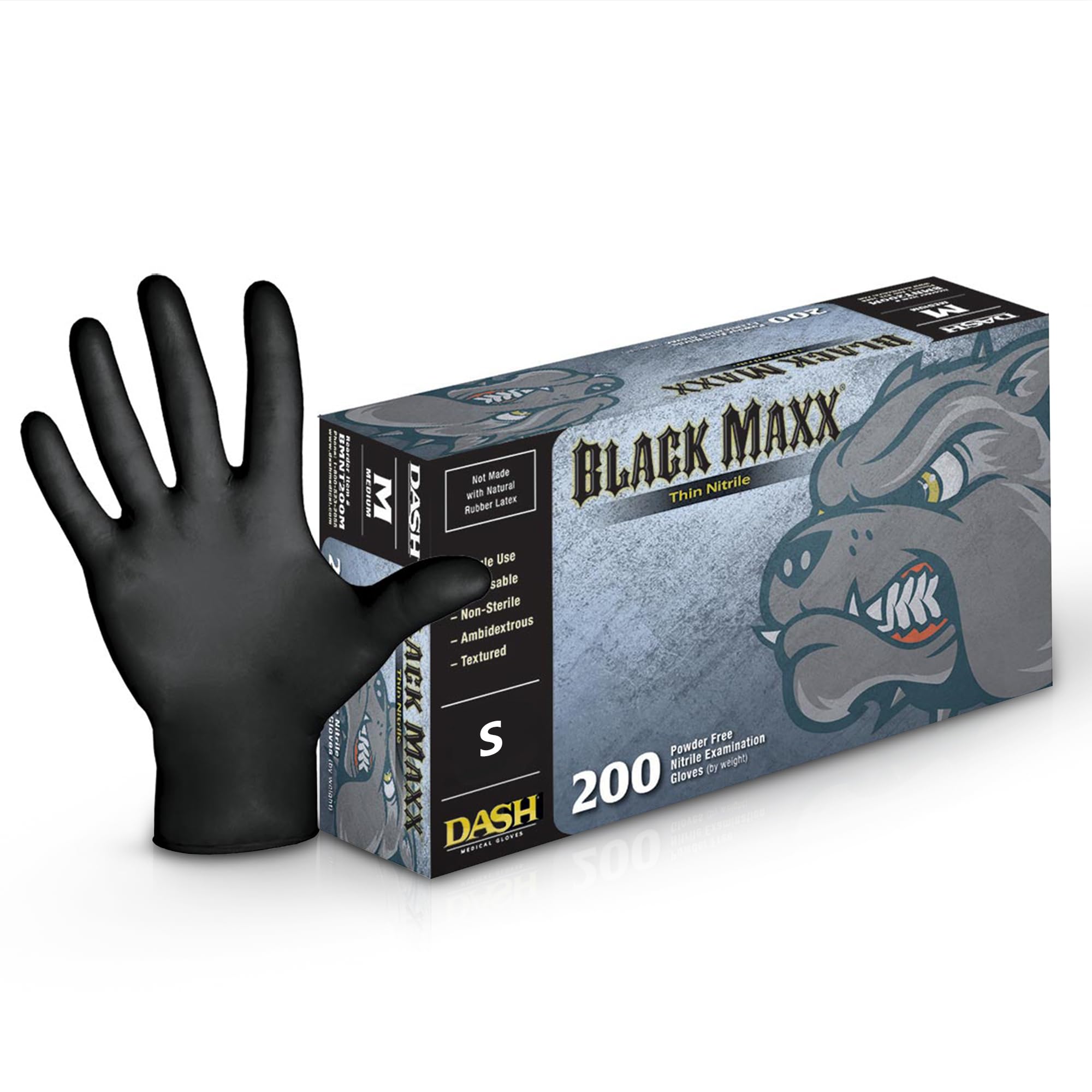 DASH Box of 100 - BMX100S Black Maxx Latex Exam Gloves - Black - 6.6 mil