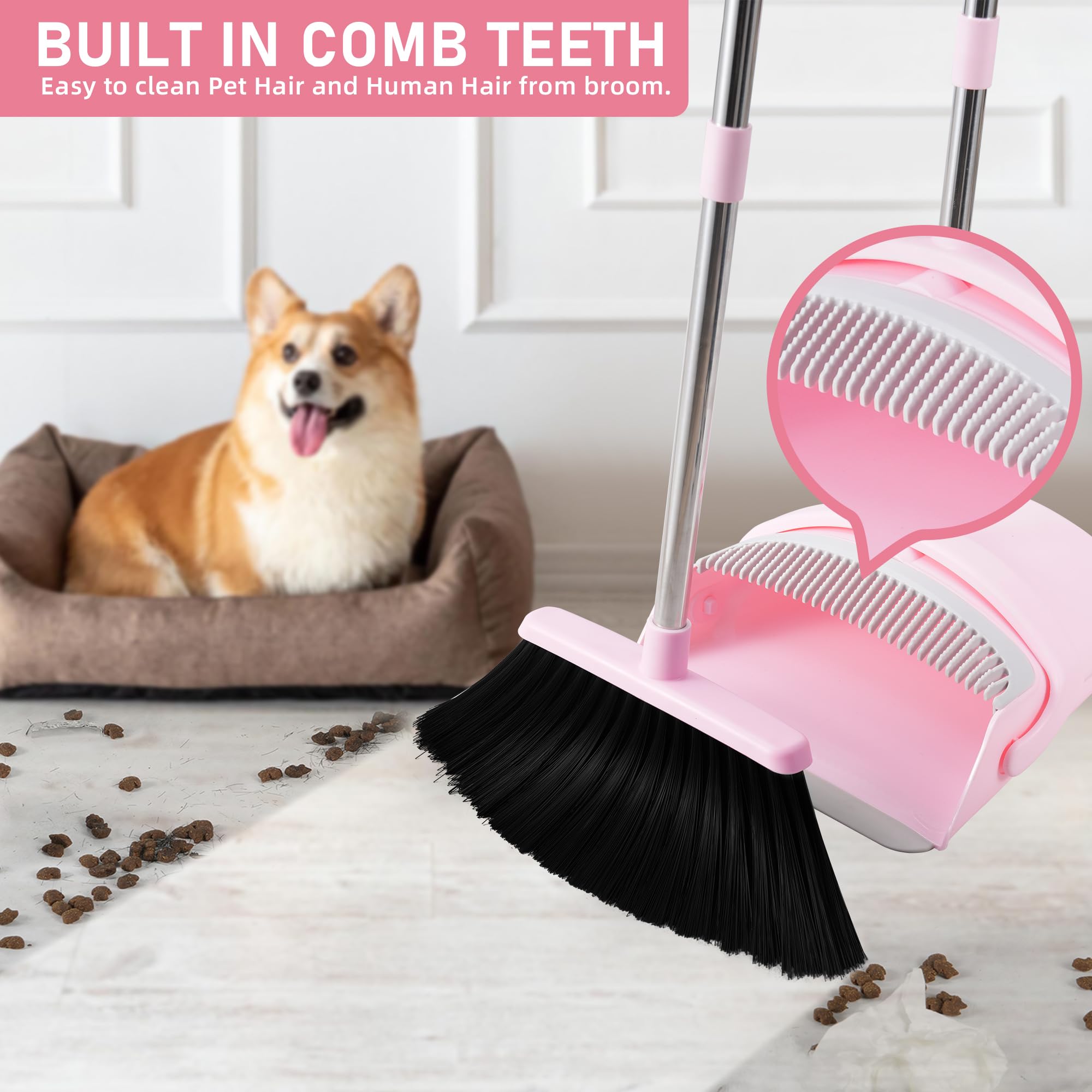 BSKLIN Broom and Dustpan Set for Home, 52” Long Handle Broom with Dustpan Combo Set with Dust Pan Teeth to Clean Hair Sweeping Set for Kitchen