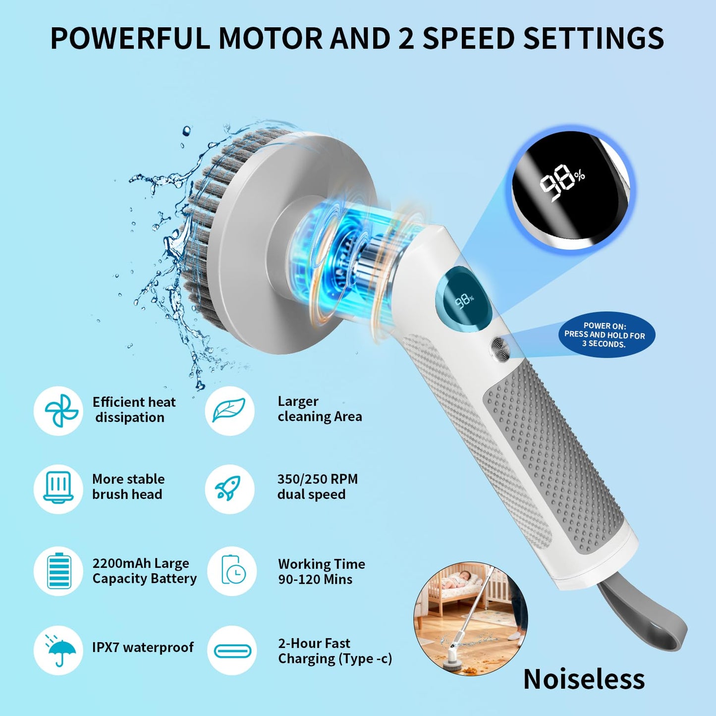 Electric Spin Scrubber, Cordless 20W High-Torque Cleaning Brush Bathroom Scrubber, IPX7 Waterproof Electric Scrubber with 6 Brush Heads, Extendable