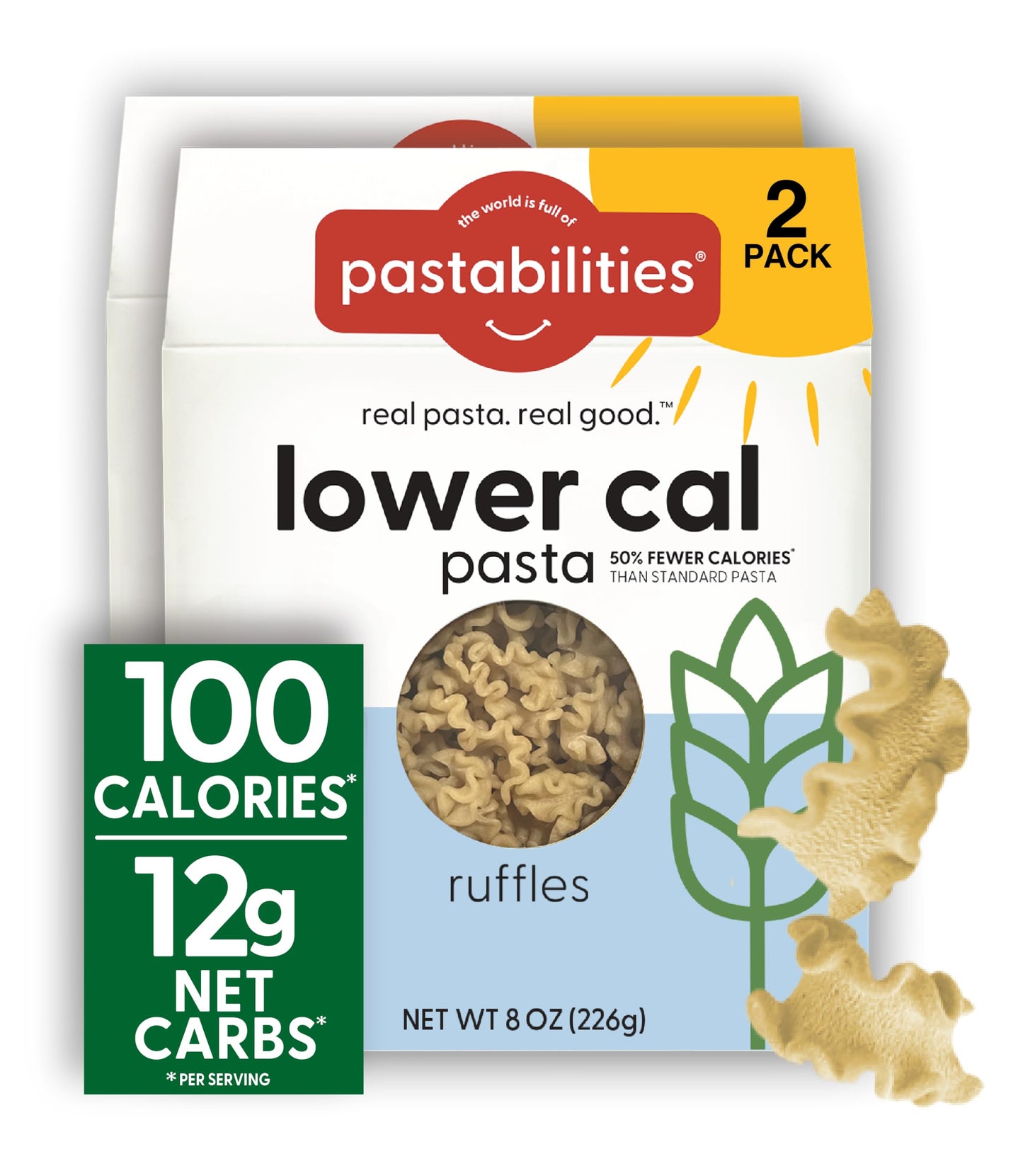 Pastabilities, Lower Calorie Pasta, Ruffles - 100 Calories/Serving Low Net Carbs, Low Calorie, Non-GMO, High Fiber, Vegan, Plant-Based, Enhanced