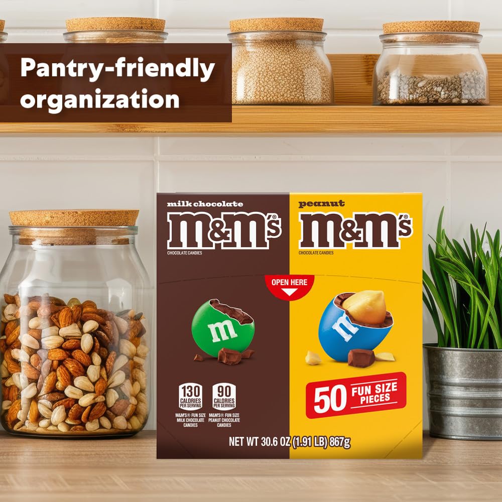 M&M'S Milk Chocolate & M&M'S Peanut Fun Size Candy Individually Wrapped Milk Chocolate Variety Pack Pantry Cube Easy Open and Close Dispenser