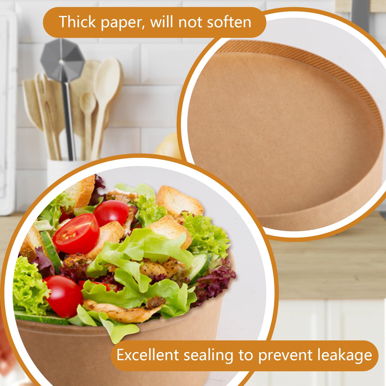 Bgtecho 50 Sets Large Kraft Paper Bowls with Lids (36oz) 50 pack Large Paper Bowls with Lids, 36 oz Kraft Paper Salad Bowls,Disposable Bowls