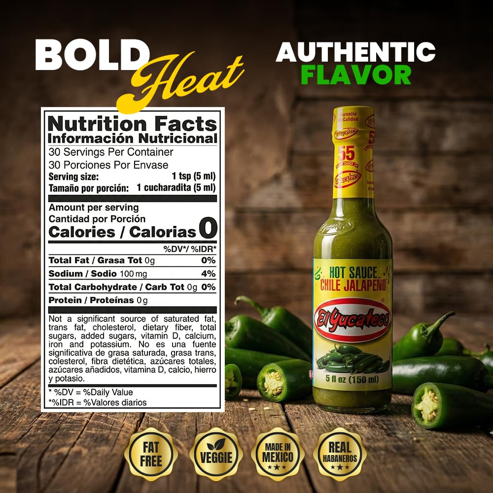 El Yucateco Jalapeño Hot Sauce, Authentic Mexican Green Jalapeo Pepper Sauce, Mild Heat, 5 fl oz, Pack of 1