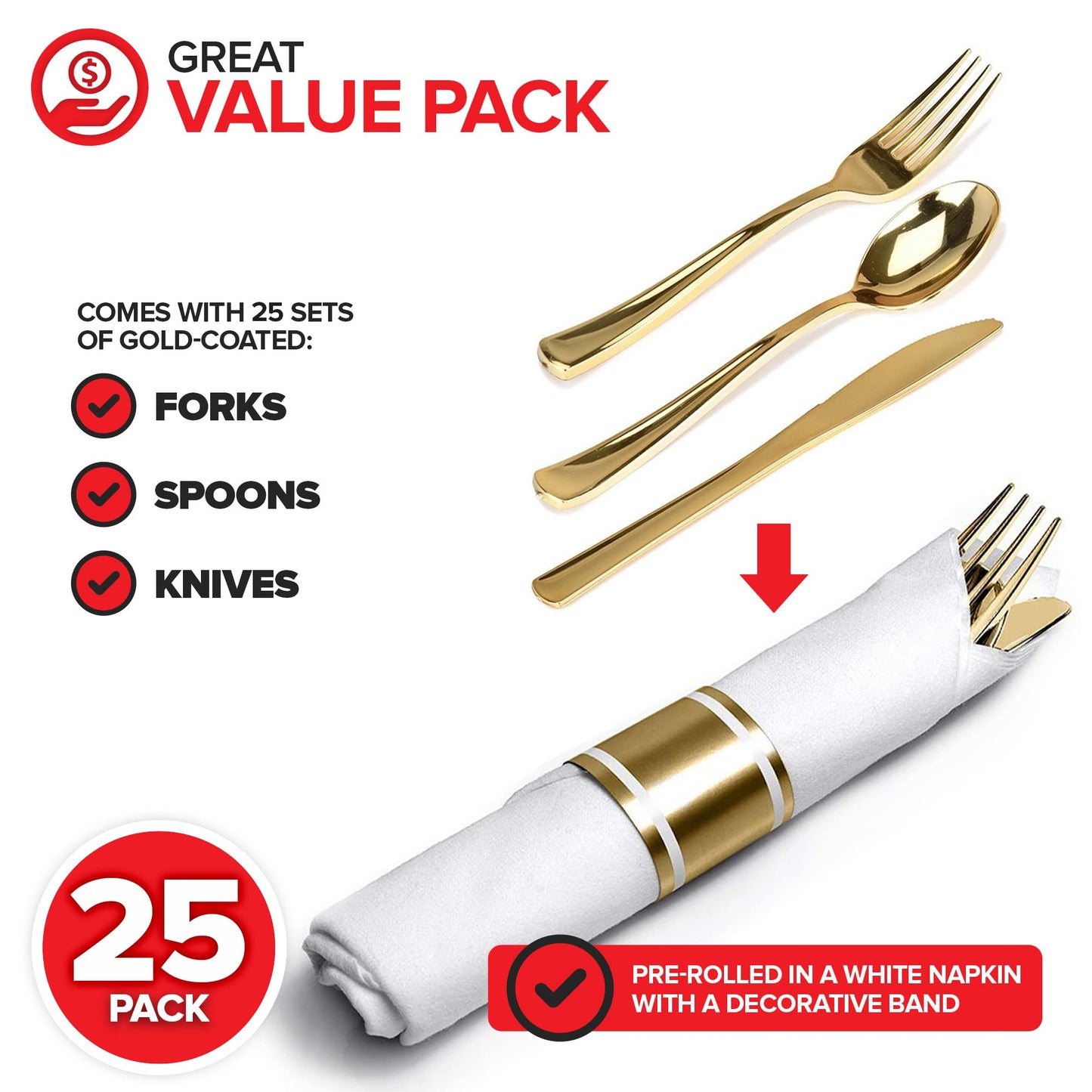 Pre Rolled Plastic Silverware Sets for Parties (25 Pack) Gold Cutlery Set, Disposable Spoons, Forks, Knives, Napkins Prewrapped, Heavy Duty Utensils