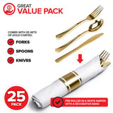 Pre Rolled Plastic Silverware Sets for Parties (25 Pack) Gold Cutlery Set, Disposable Spoons, Forks, Knives, Napkins Prewrapped, Heavy Duty Utensils