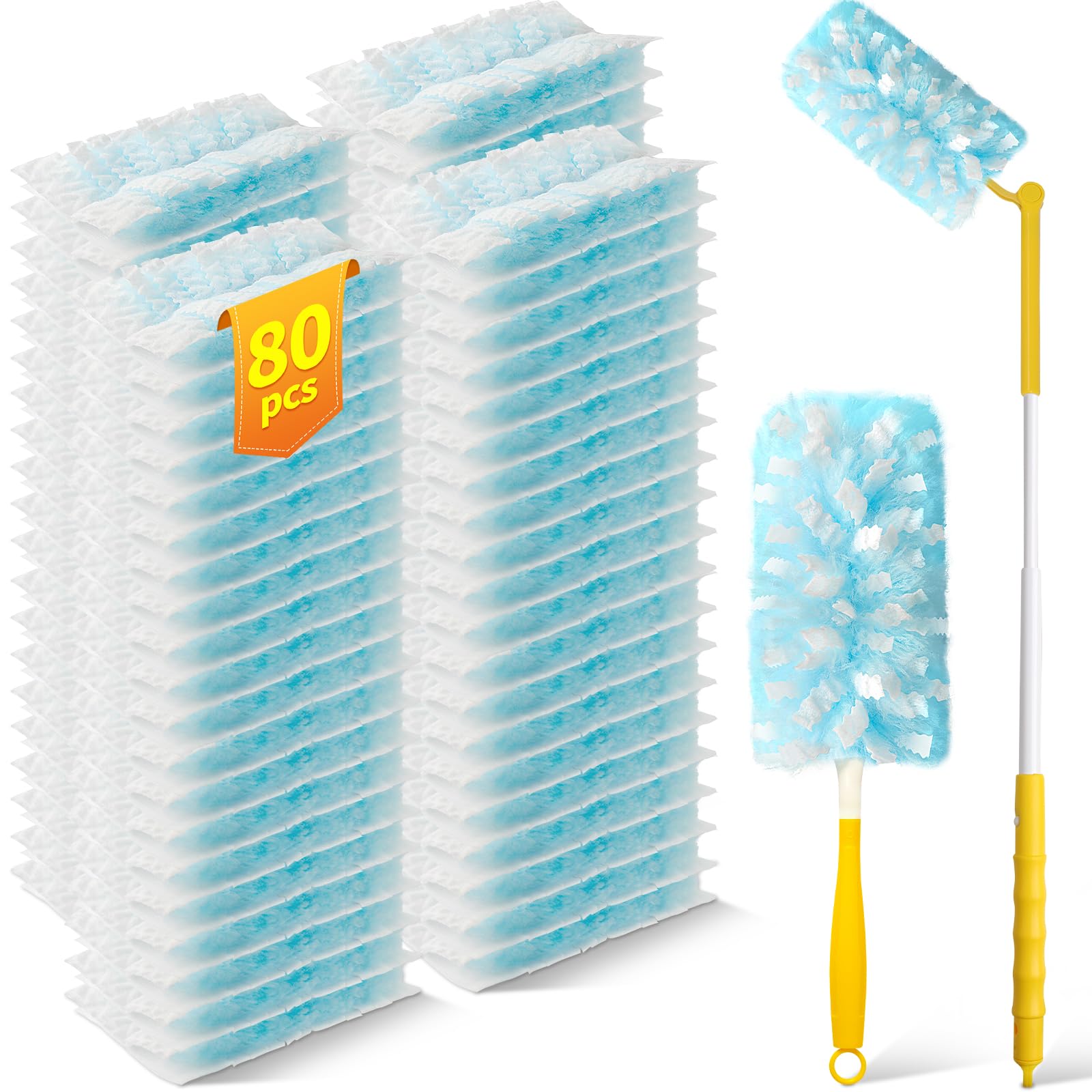 Swilsweep 80 Count Duster Refills with 1 Short Handle & 3 ft Extendable Handle, Compatible with Swiffer Duster, 180° Disposable Microfiber Cleaning