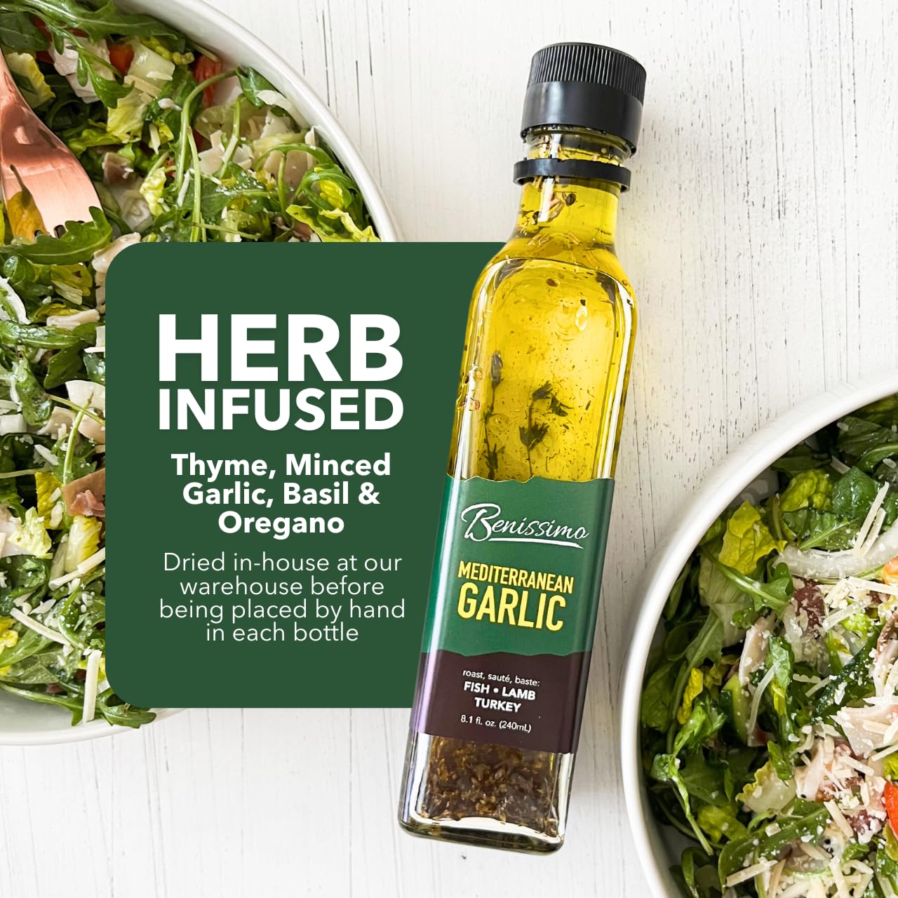 Benissimo Mediterranean Garlic Infused Oil, All Natural Gourmet Cooking Oil with Fragrant Mediterranean Herb Blend, Ideal for Dipping, Sautéing