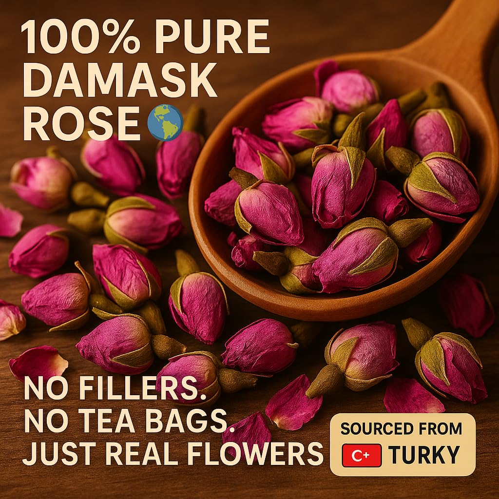 Edible Rose Buds & Petals - Damask Rose for Cooking, Baking, Rose Tea & Garnish - 100% Natural, Non-GMO, Caffeine-Free - 4oz, 95 Servings - Duals