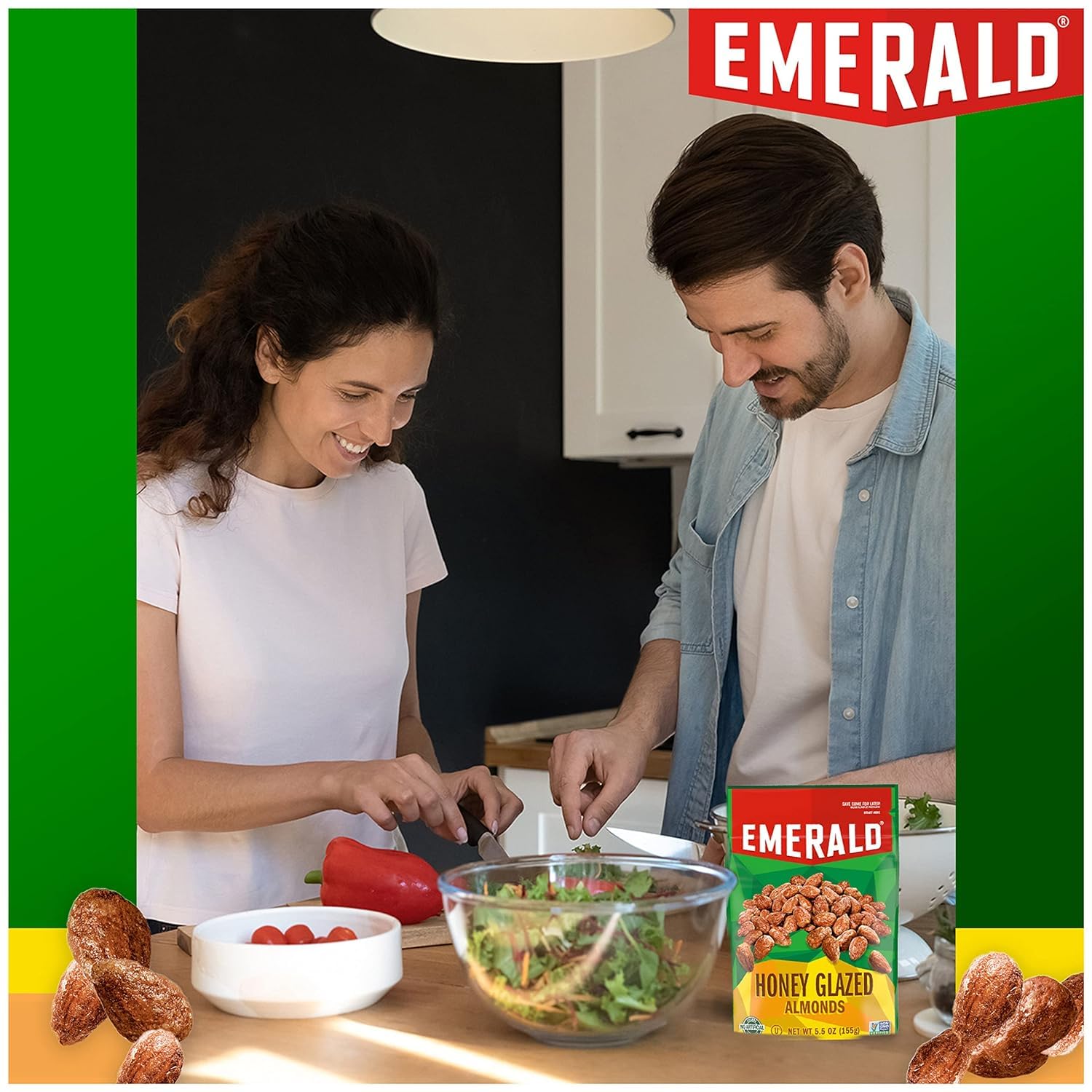 Emerald Nuts, Honey Glazed Almonds, 5.5 Oz, Resealable Bag (Pack of 2)