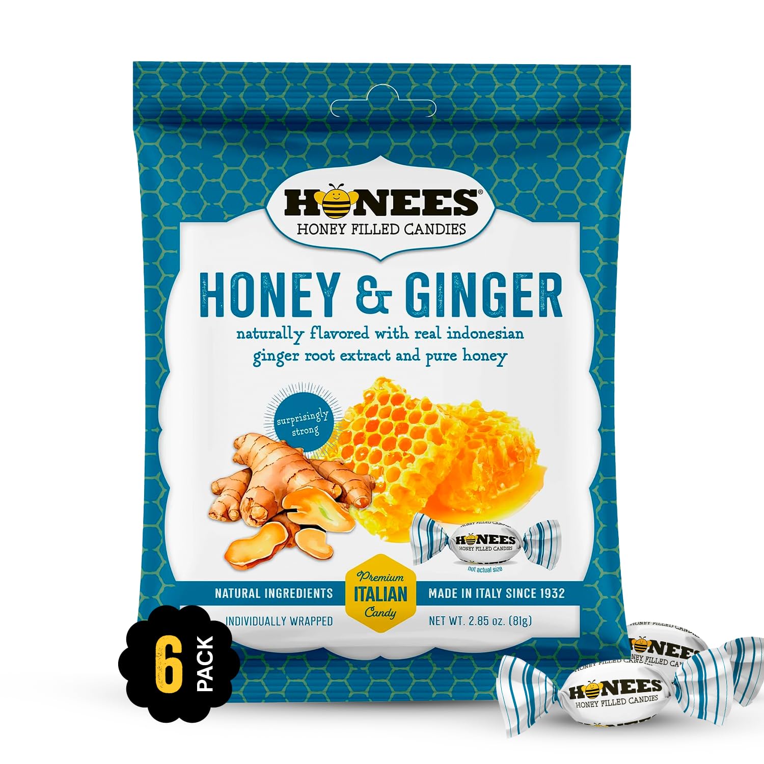 Honees Honey & Ginger Hard Candy Individually Wrapped | Natural & Healthy Candy, Italian Made with Real Honey & Indonesian Ginger, 6 Pack (17.1 oz)