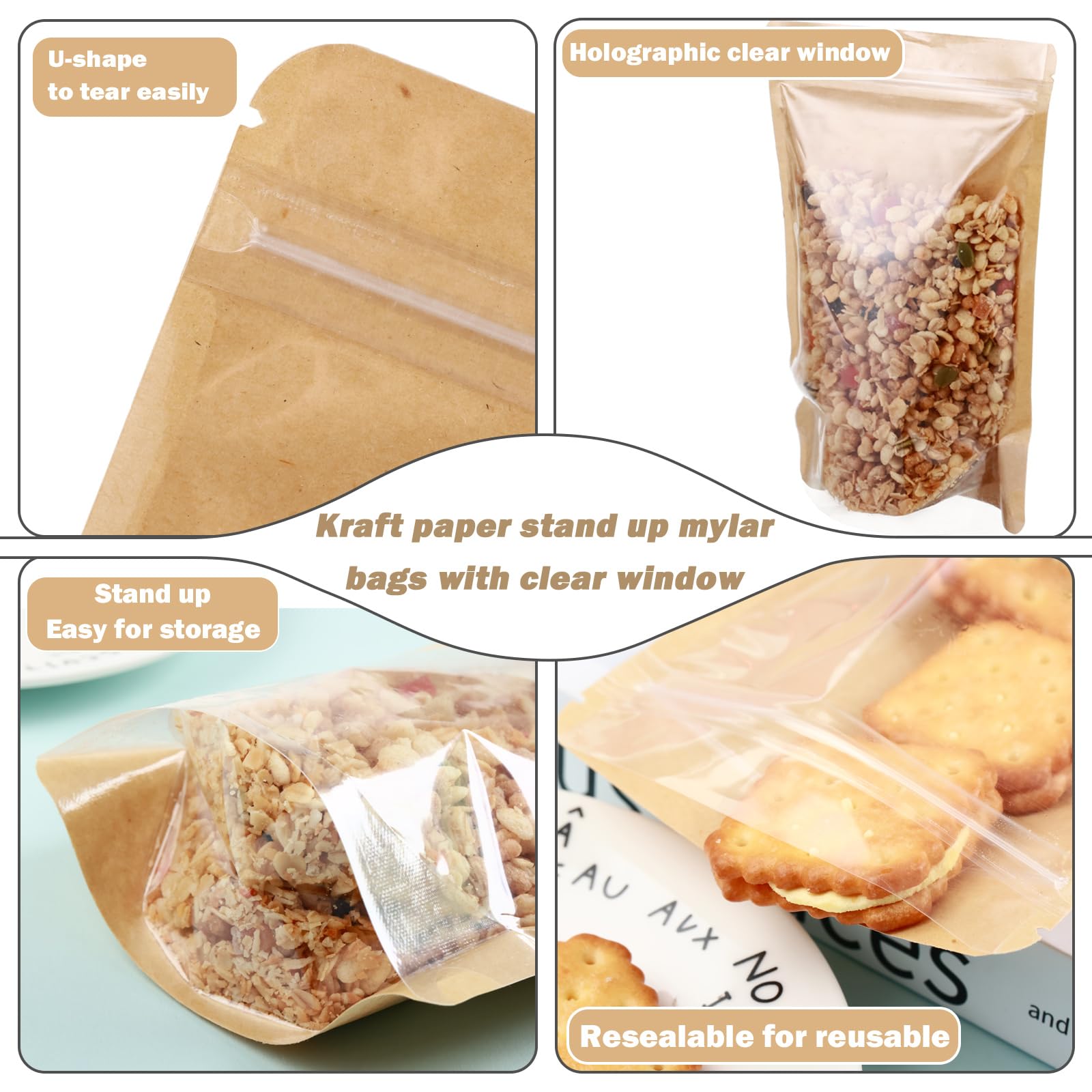 150-pack 4.7" x 7.9" Stand Up Kraft Paper Mylar Bags with Clear Window Resealable Foil Pouches for Food Storage Smell Proof Edible Packaging Bag