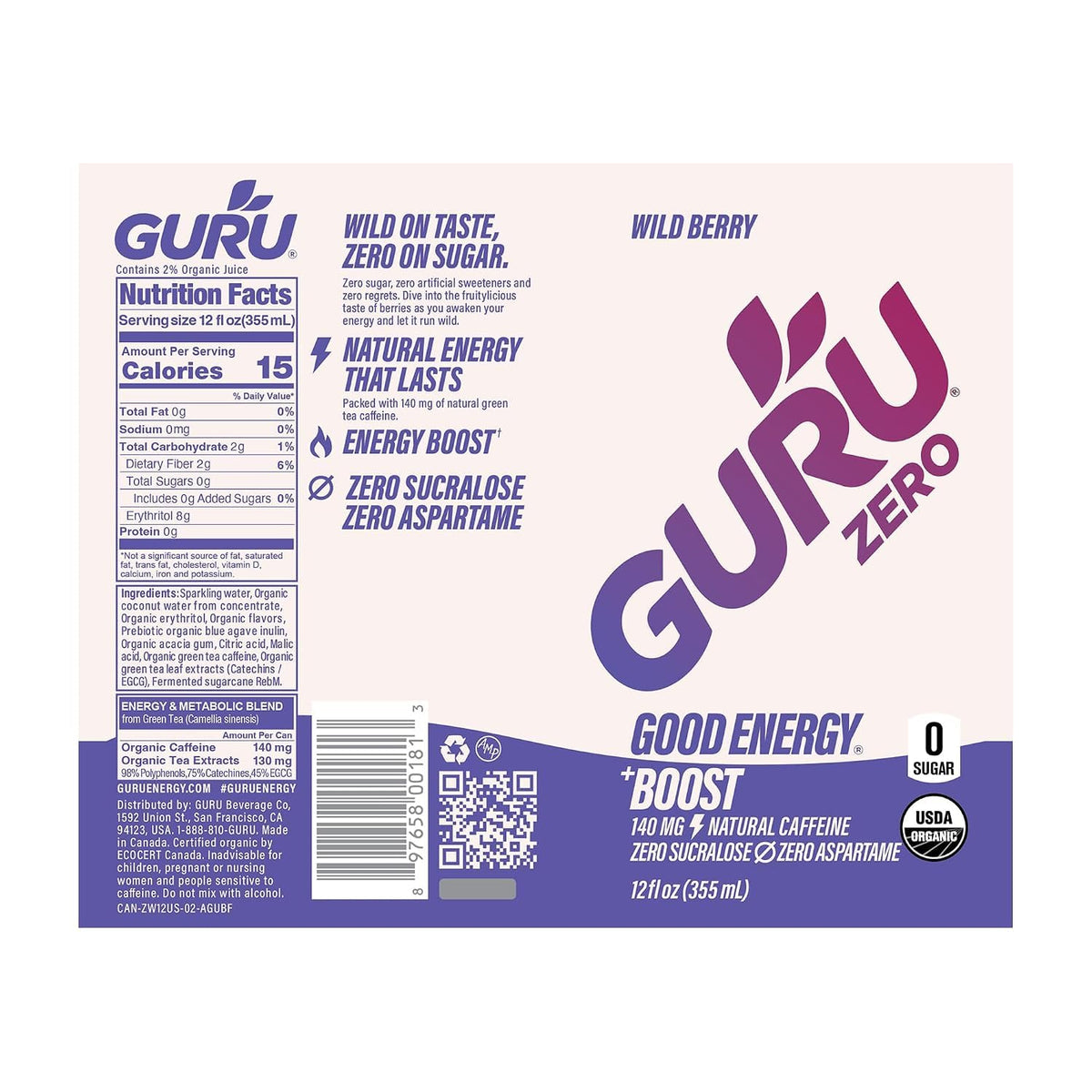 GURU Zero Sugar Organic Energy Drink, Wild Berry, 12 Fl Oz, 12 Pack